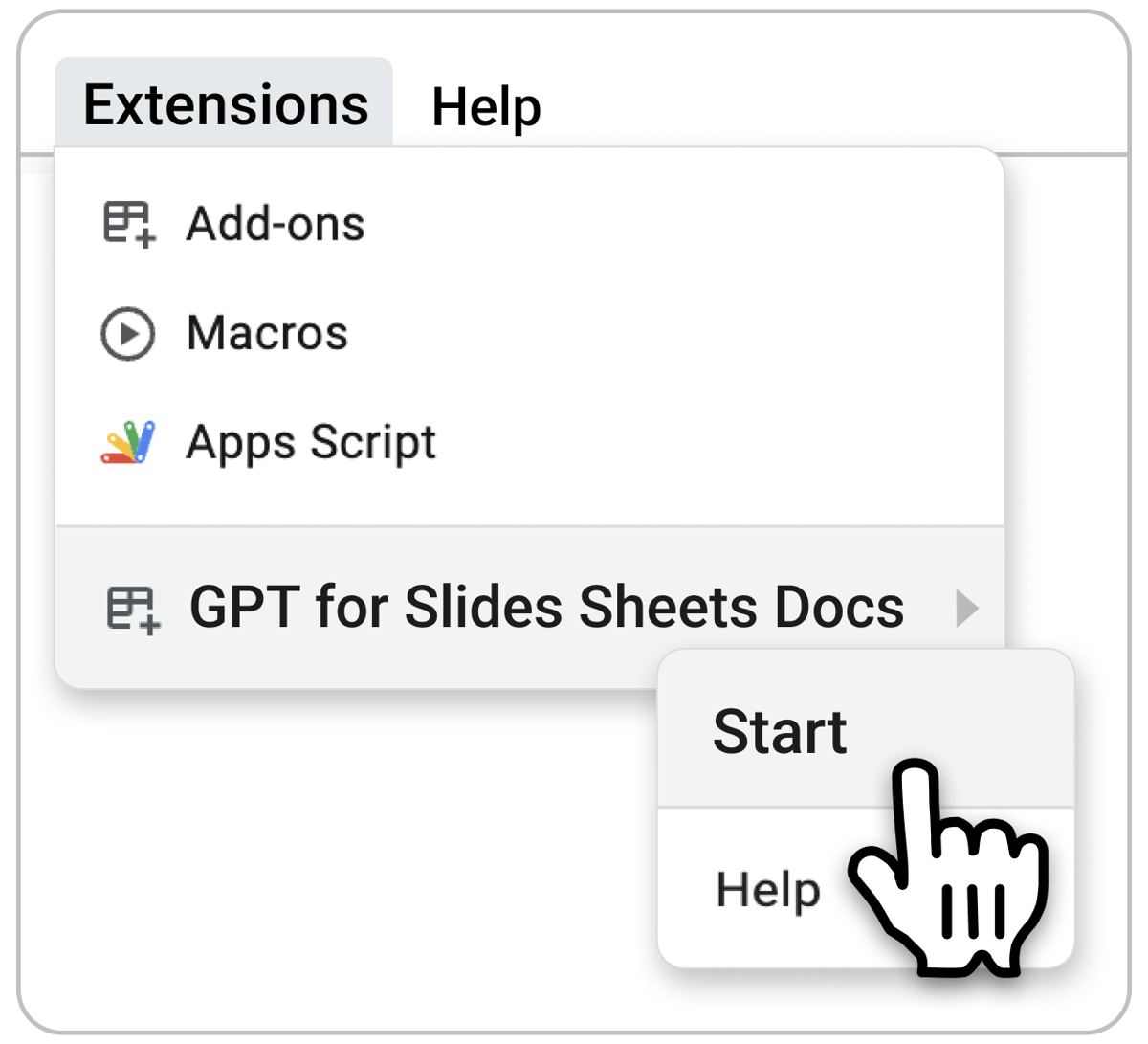 Abrir el complemento GPT Workspace desde el menú Extensiones en Google Docs, Google Slides y Google Sheets