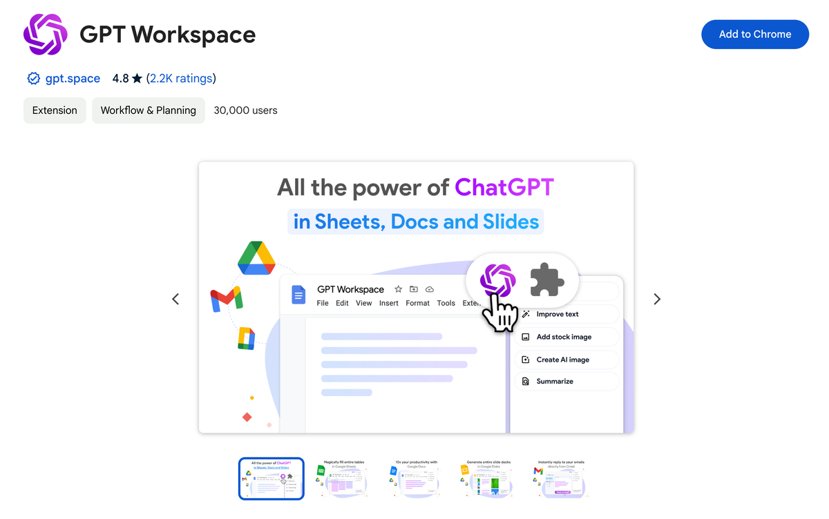 Der GPT Workspace Chrome Webstore-Eintrag