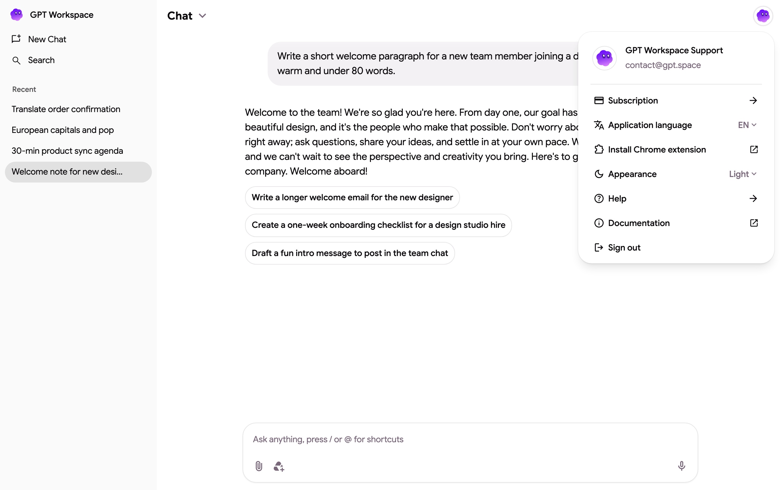 The account menu opened from the avatar in the chat header