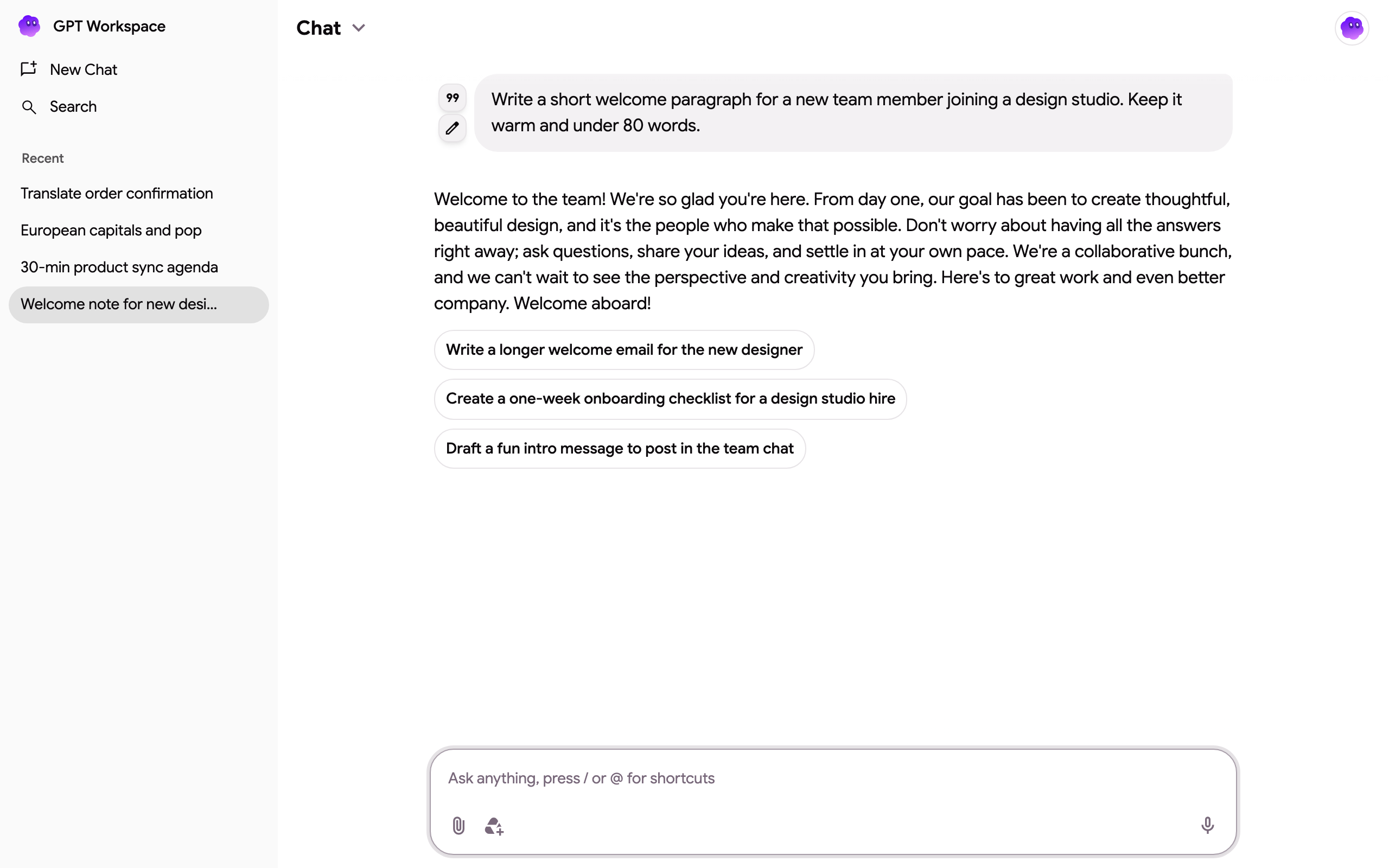 The chat with a question and the answer, with follow-up suggestions