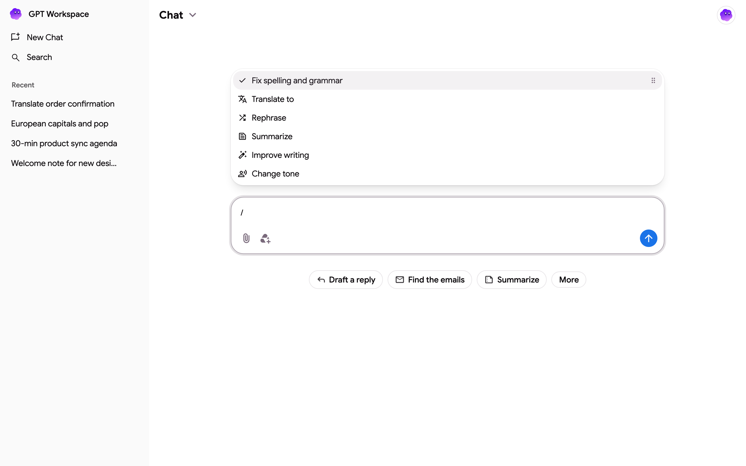 The snippets menu opened with the / key
