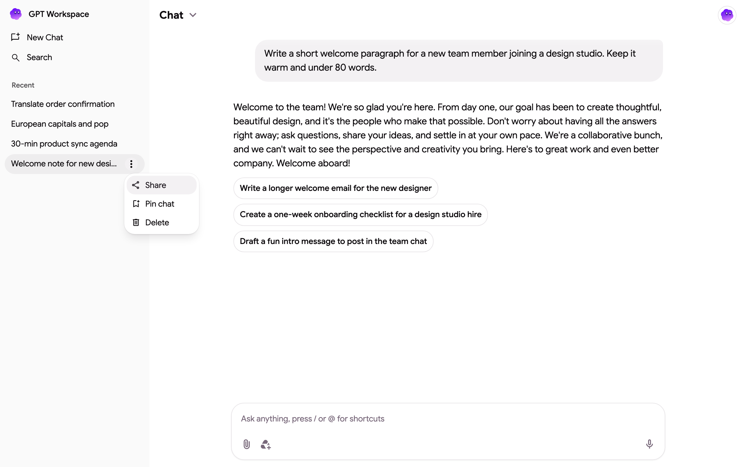 The thread menu with Share, Pin chat and Delete