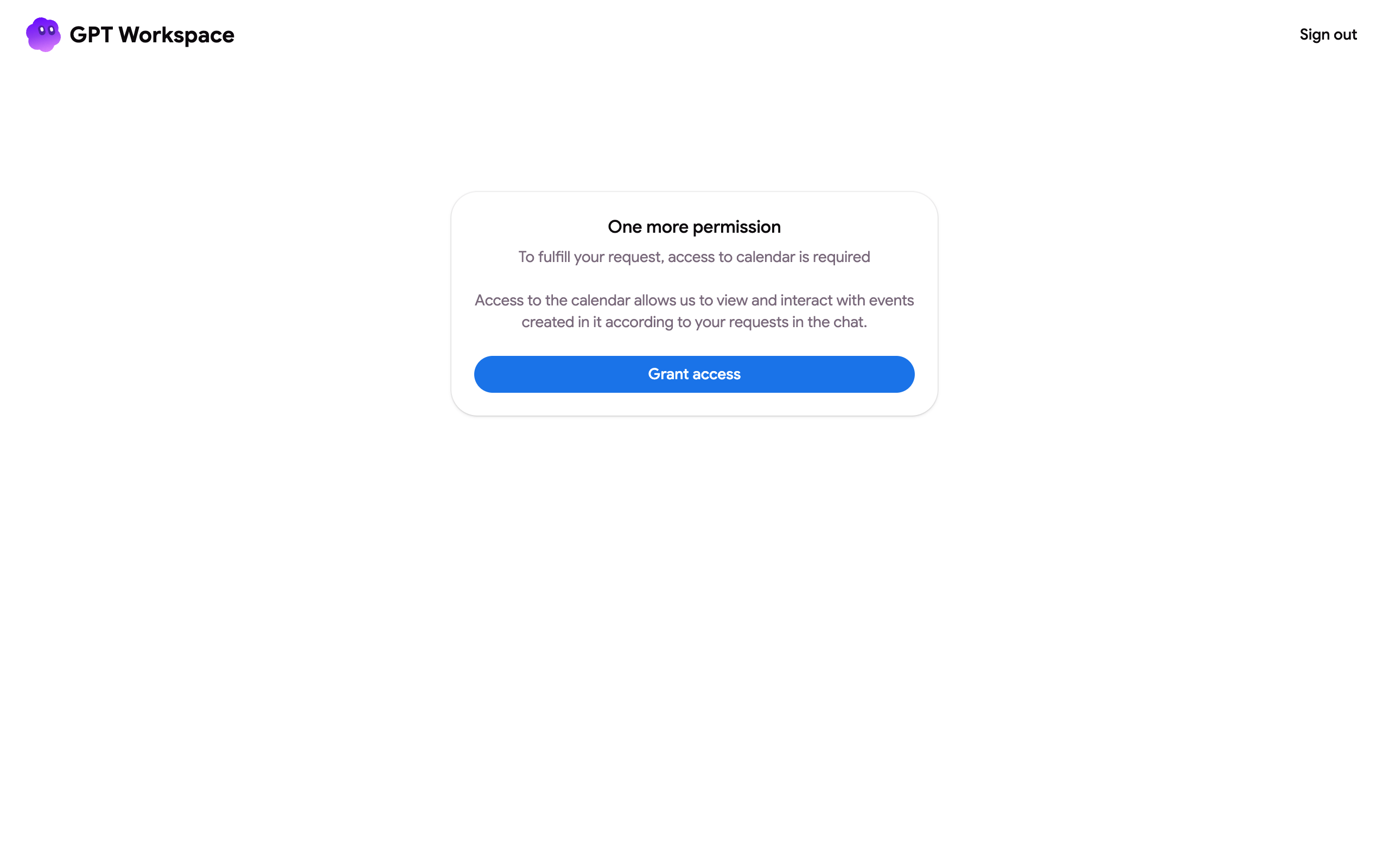 The page asking for one more Google permission before a request can run
