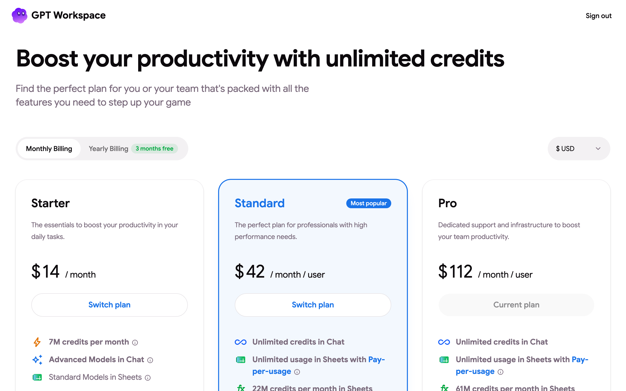 The pricing page with the monthly and yearly tabs