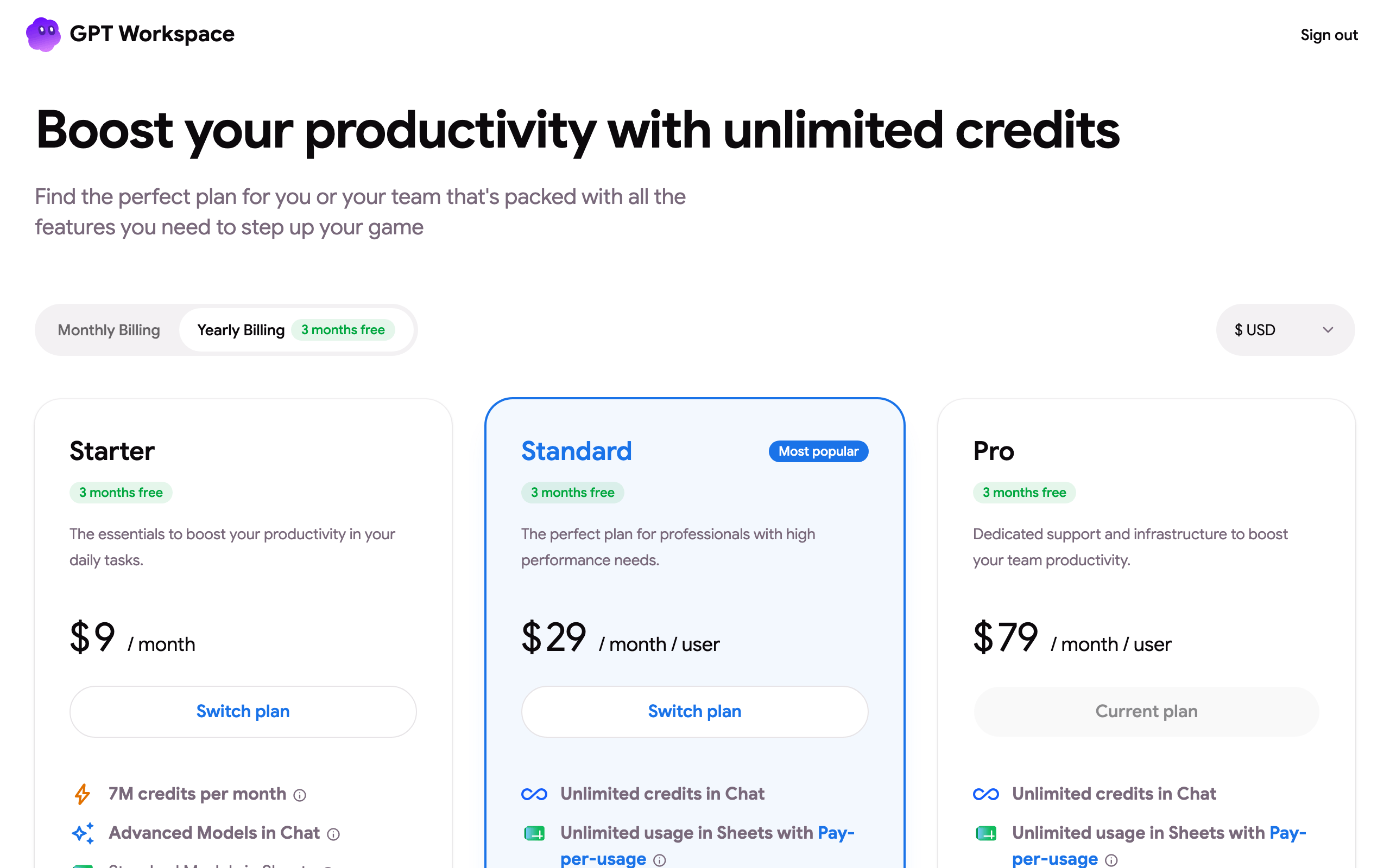 The pricing page with the Starter, Standard and Pro plans, yearly billing