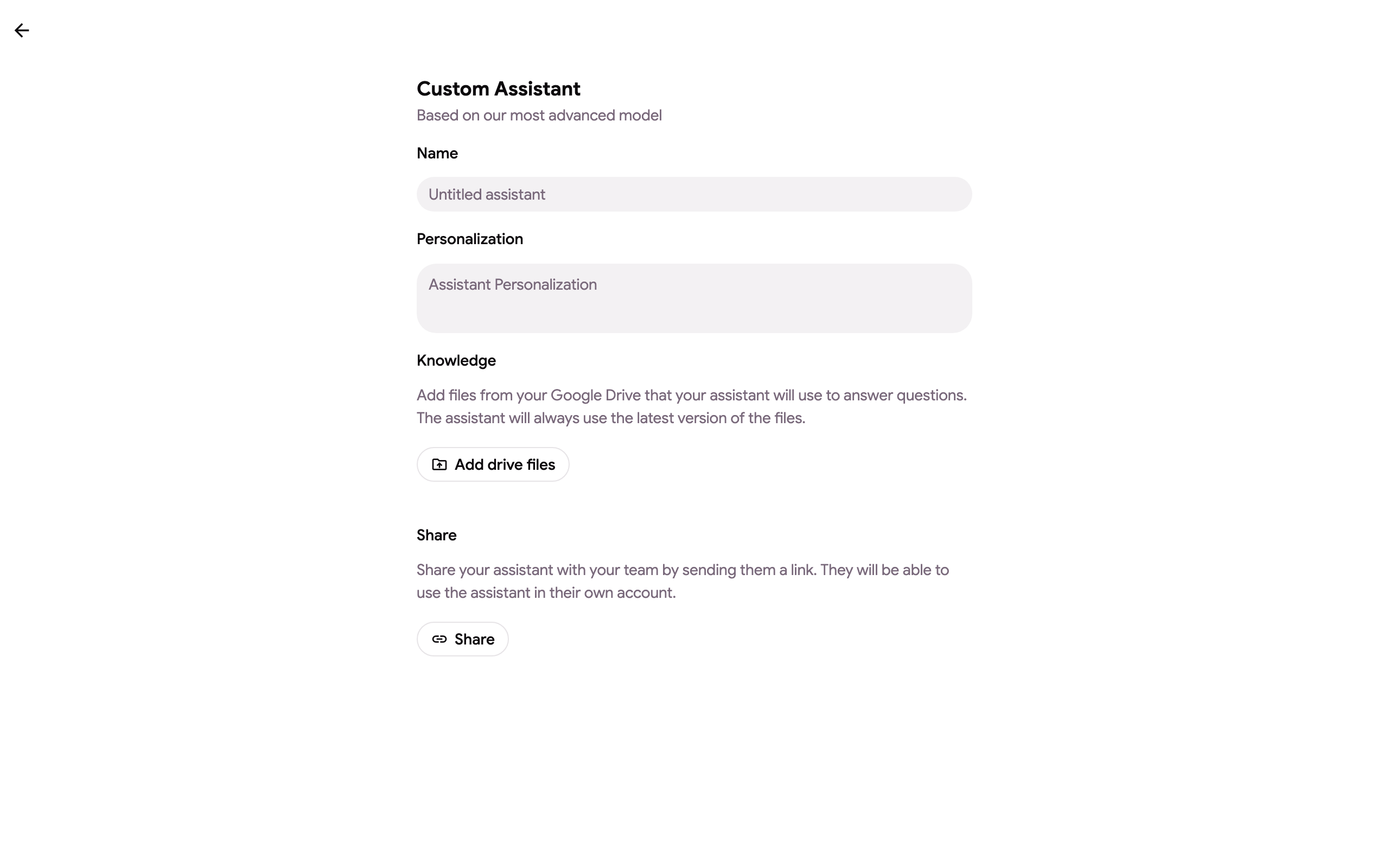 The assistant form with name, personalization and knowledge