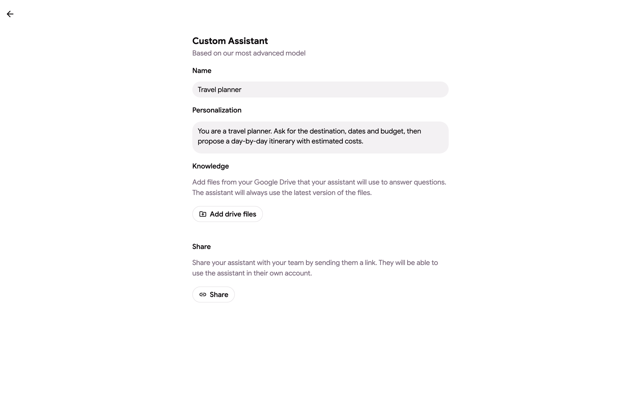 The edit form of an existing assistant