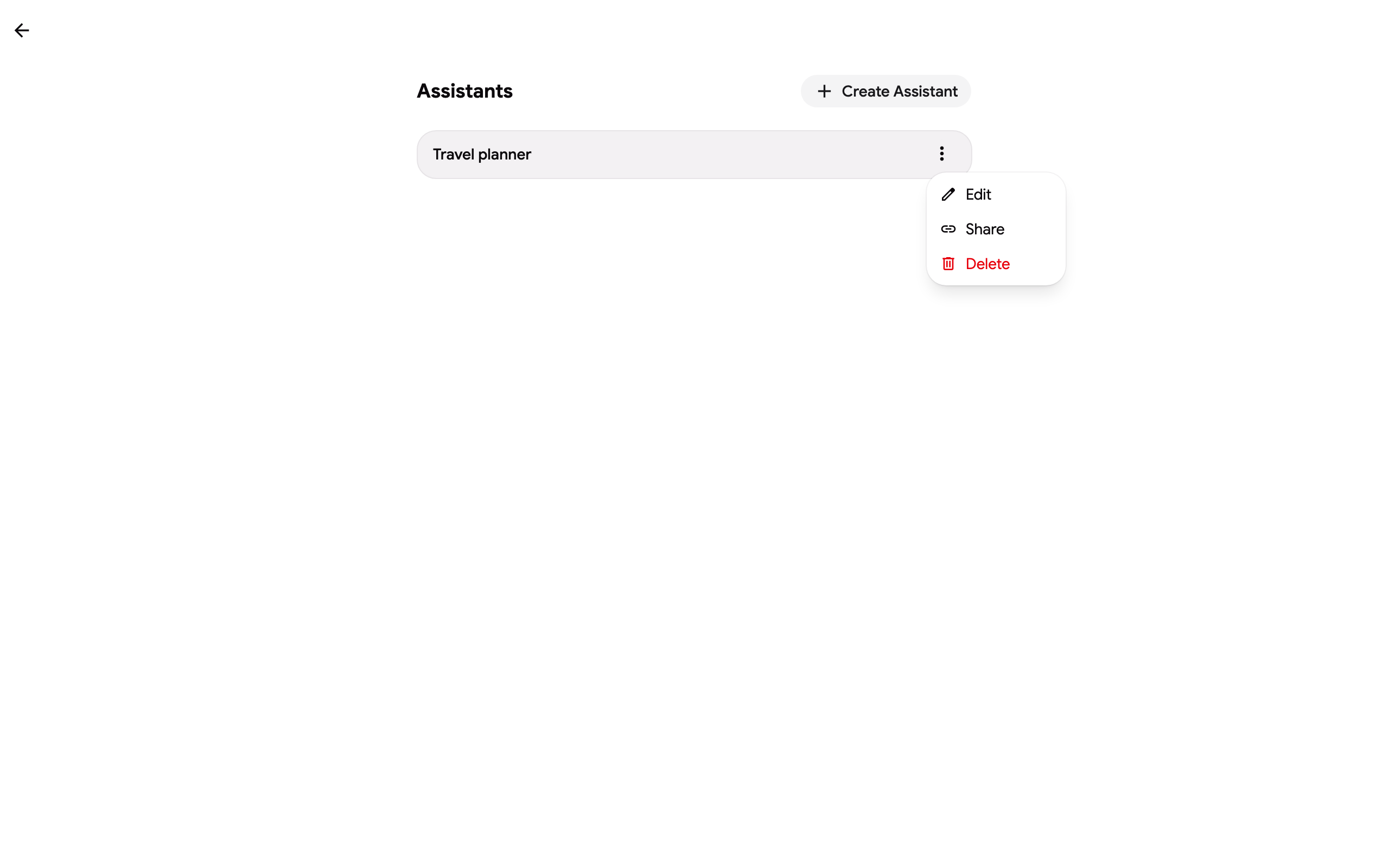 The assistants list with the menu of one assistant
