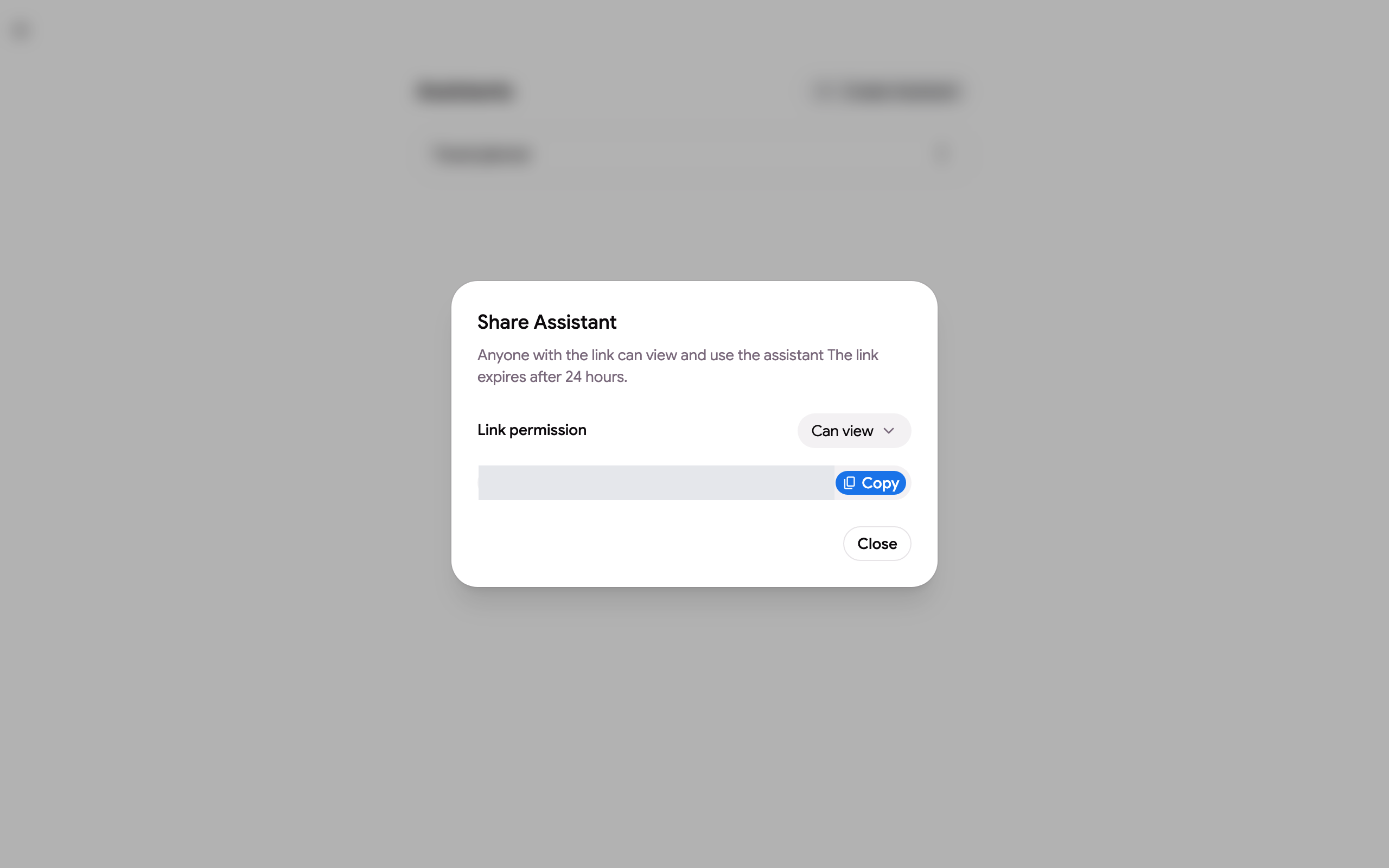 The Share Assistant dialog with the link permission and the link
