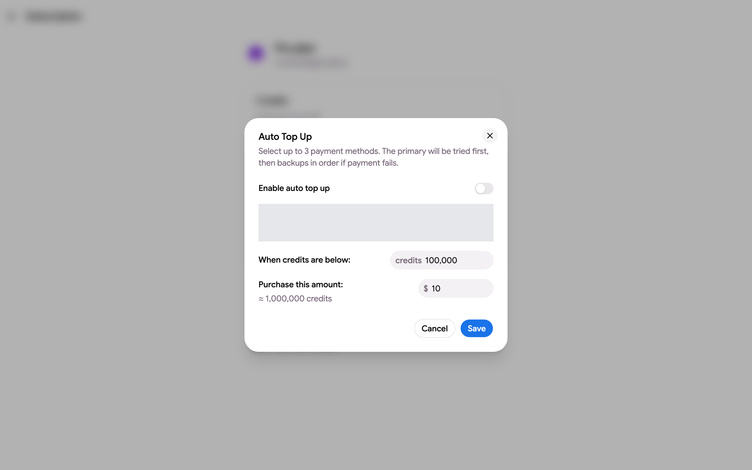 The Auto Top Up dialog with the threshold, the amount and the payment methods