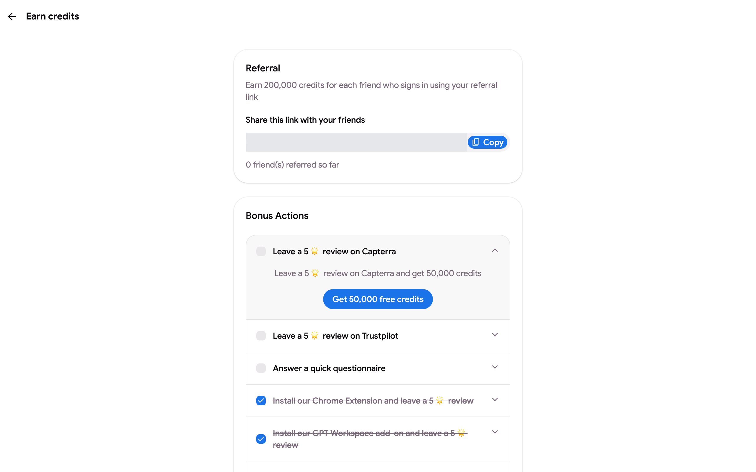 The Earn credits page with the referral link and the bonus actions