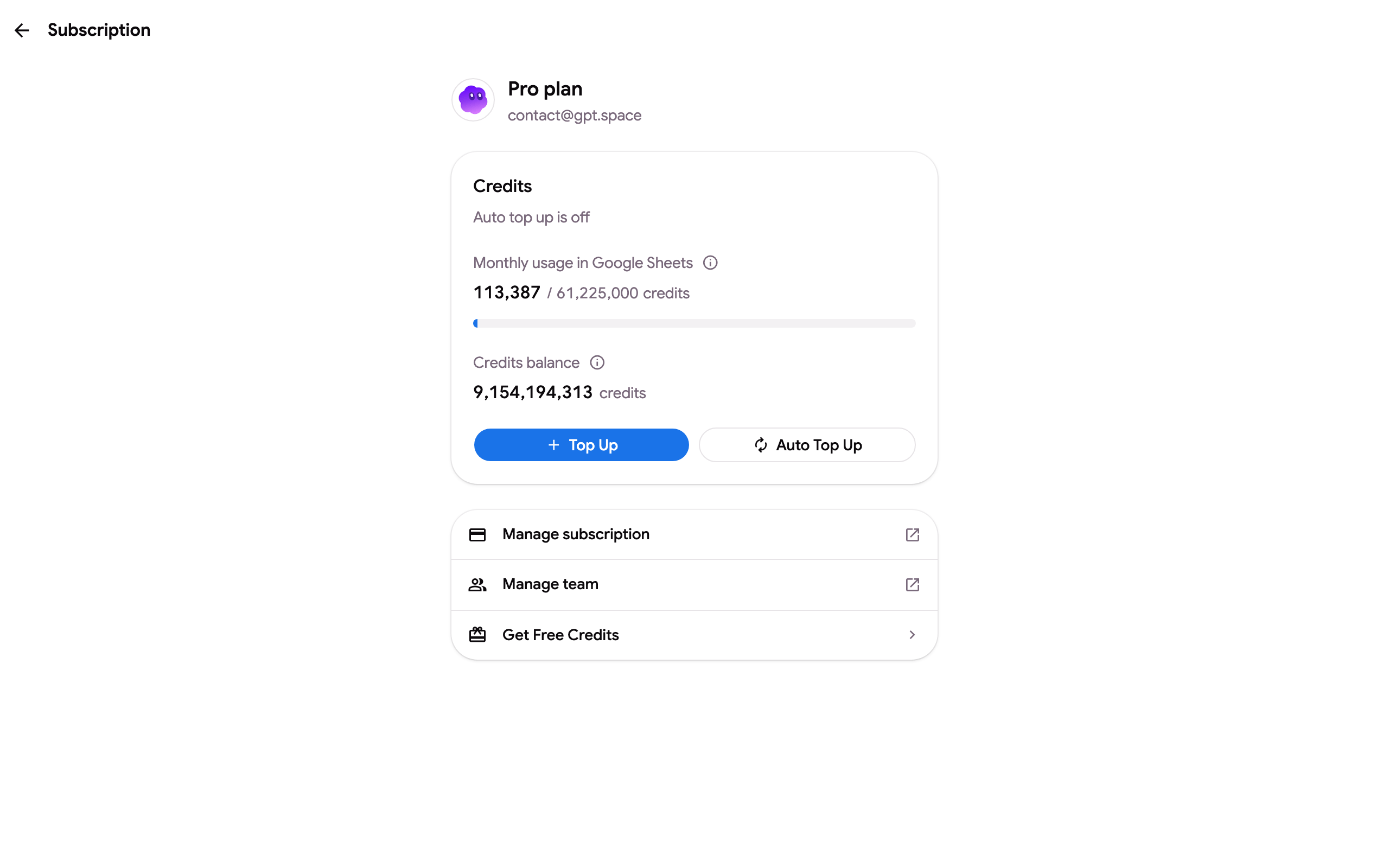 The subscription page with the Manage subscription link