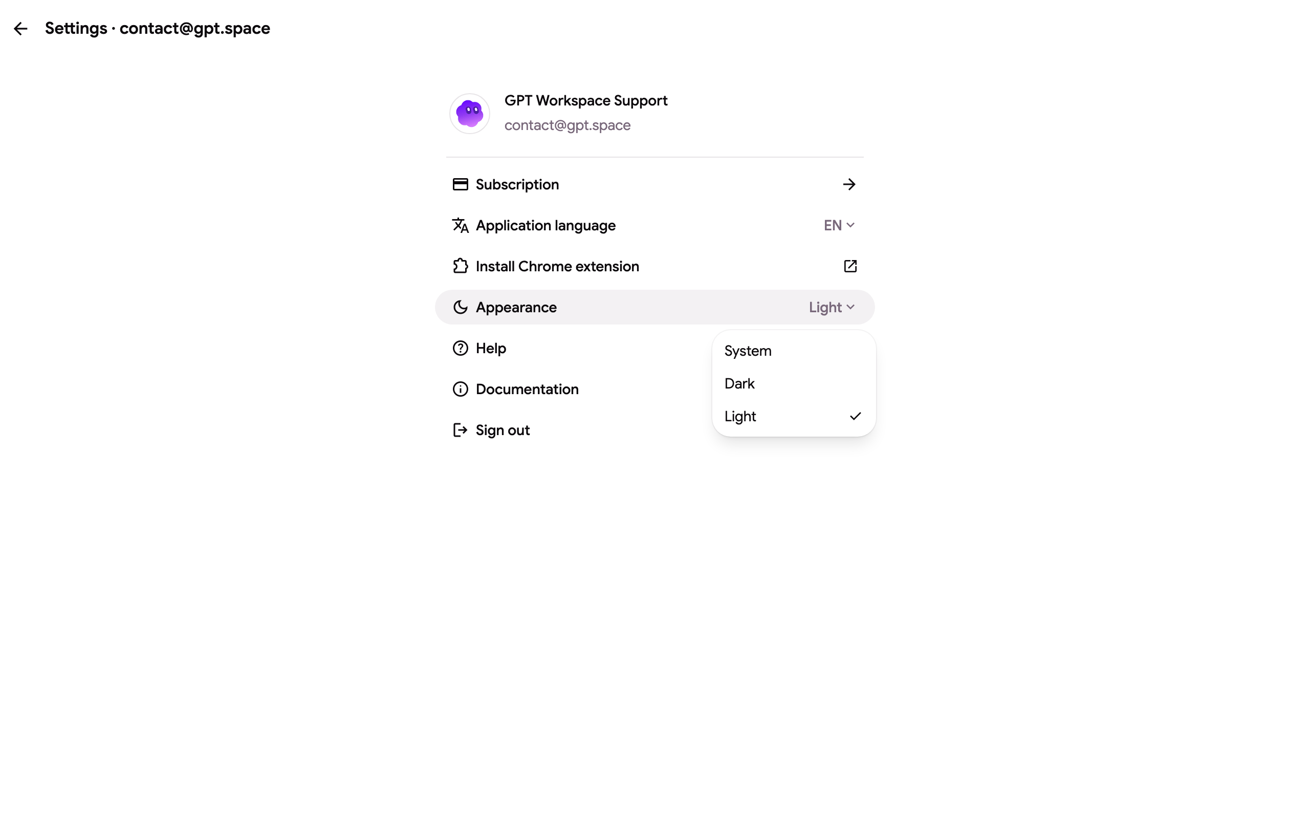 The appearance menu with the System, Dark and Light options