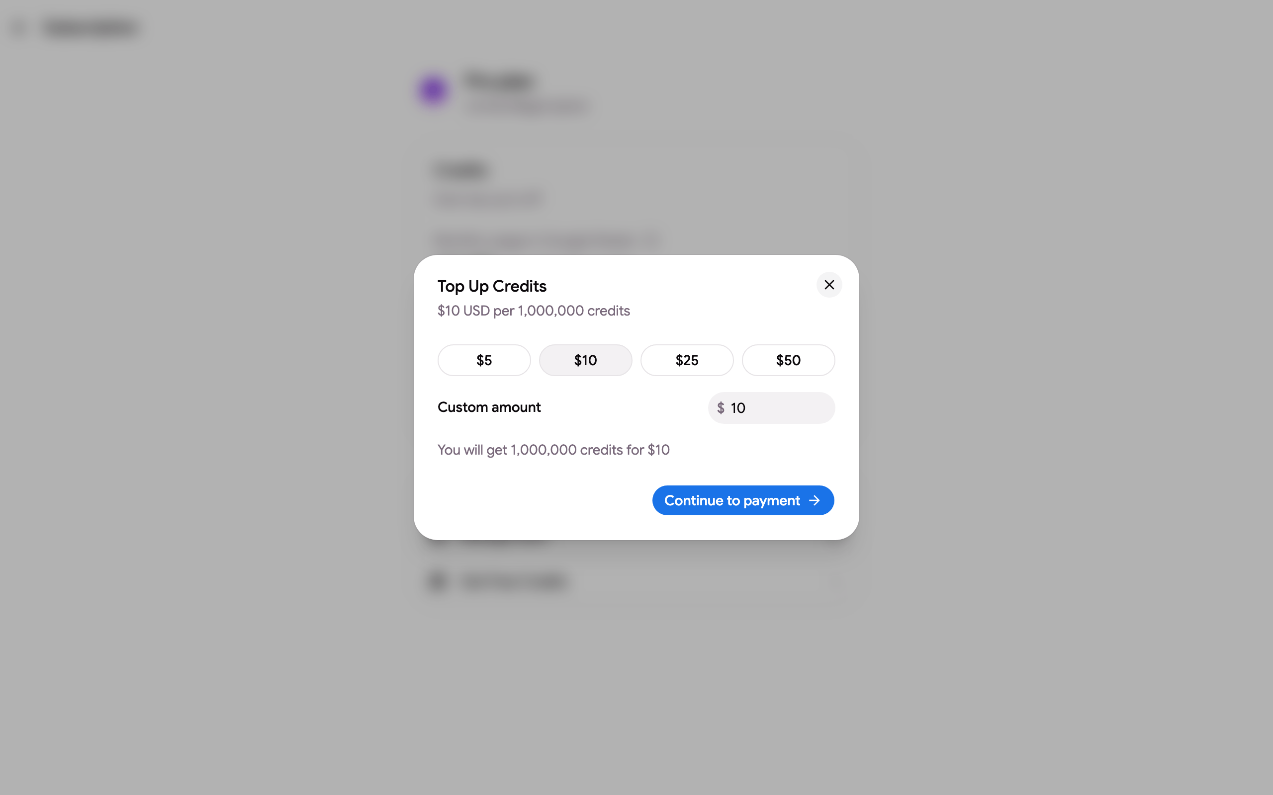 The Top Up Credits dialog with the preset amounts and the custom amount field
