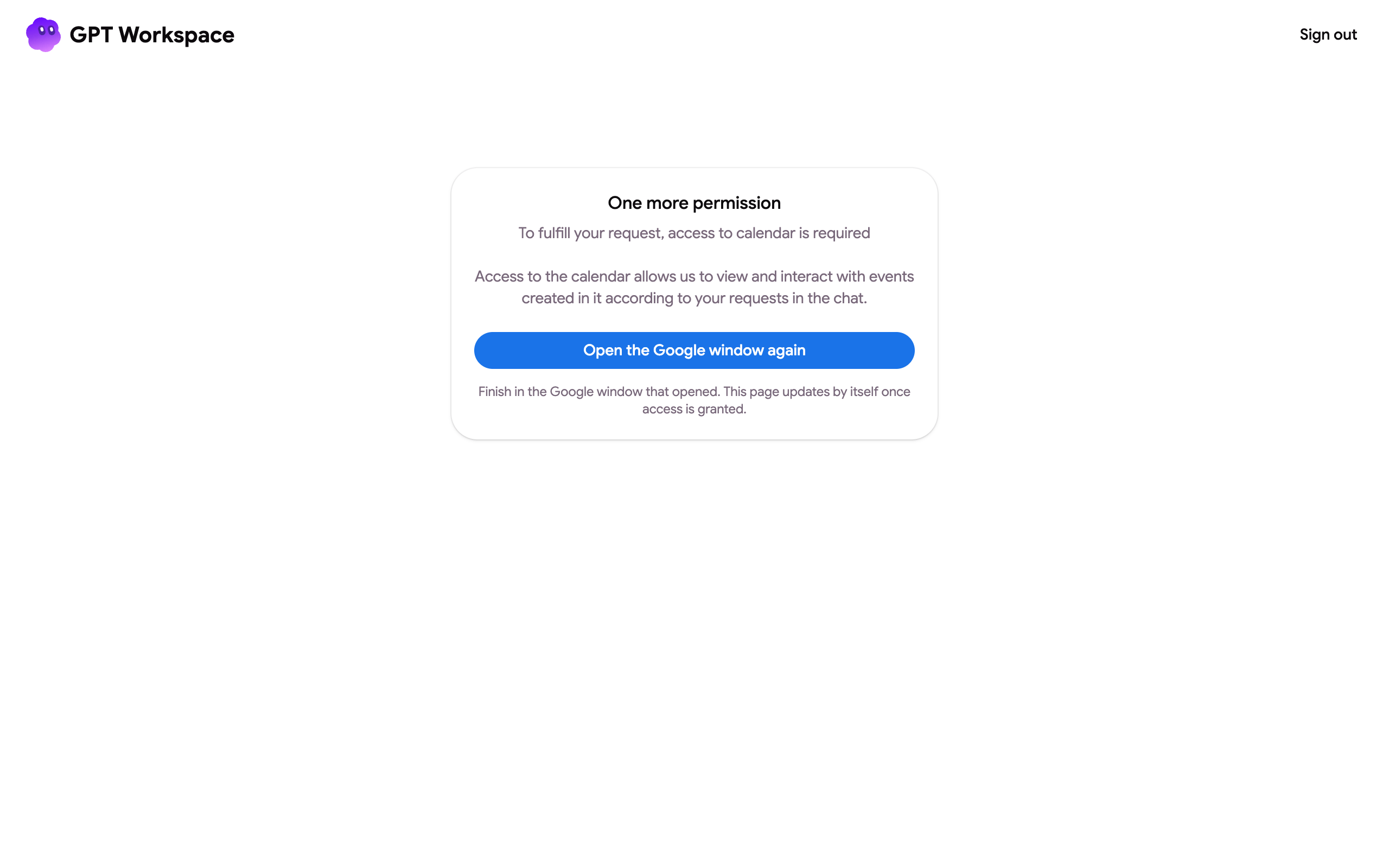 Google’s consent screen listing the permissions GPT Workspace asks for