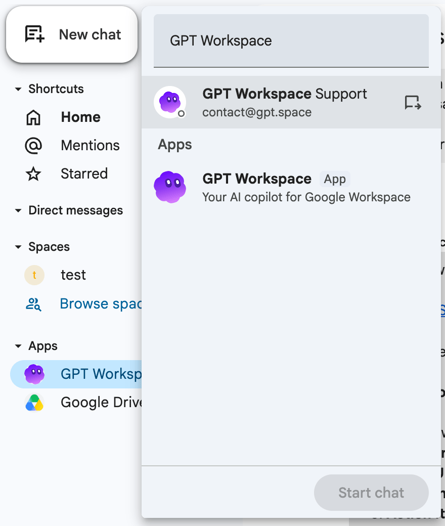 Finding the GPT Workspace app in Google Chat