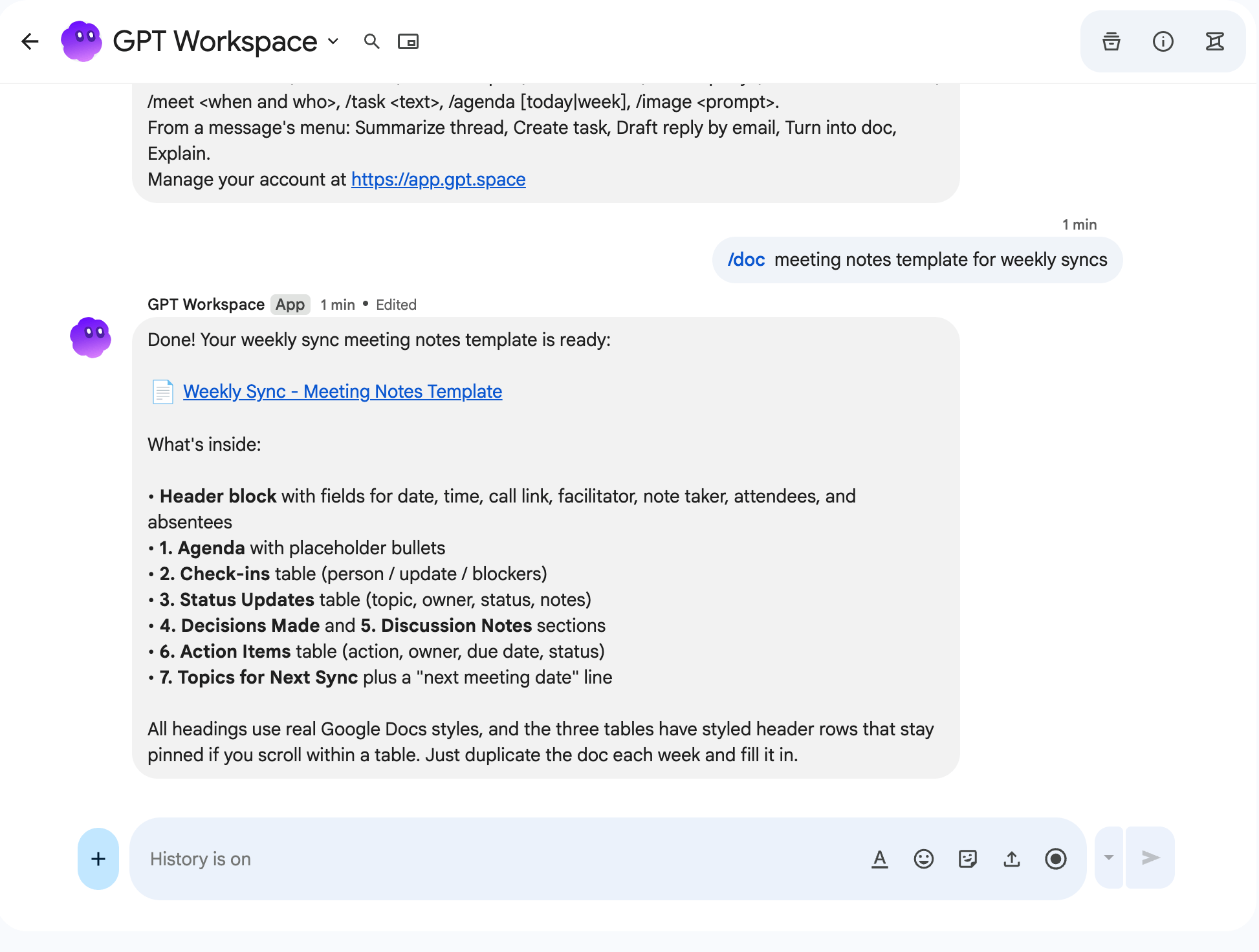 The reply to the /doc command with the link to the created document
