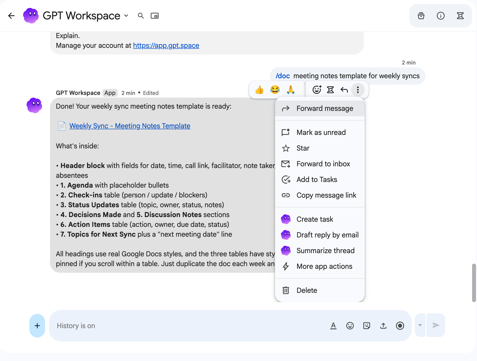 The GPT Workspace actions in a message’s menu