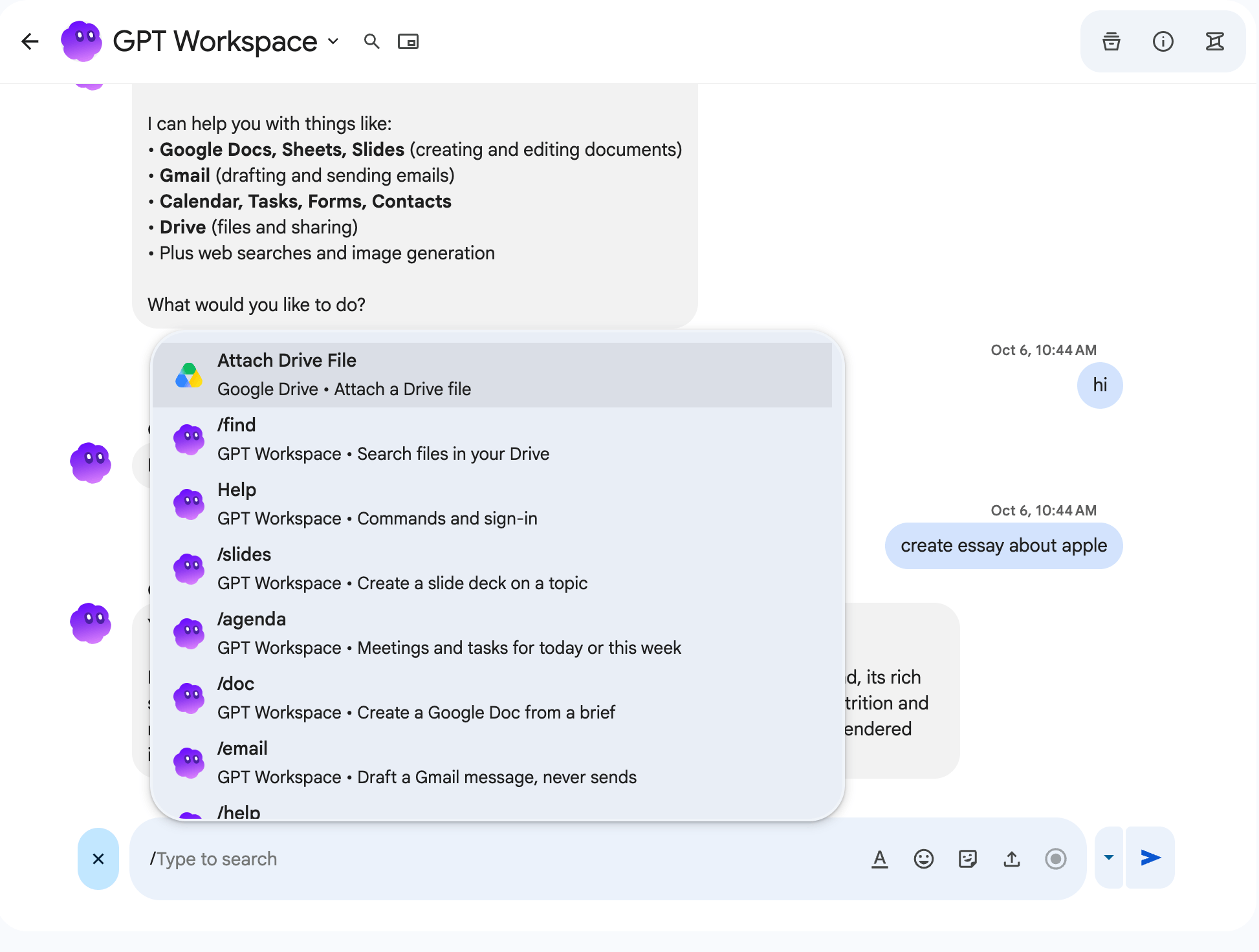 The list of GPT Workspace slash commands in Google Chat