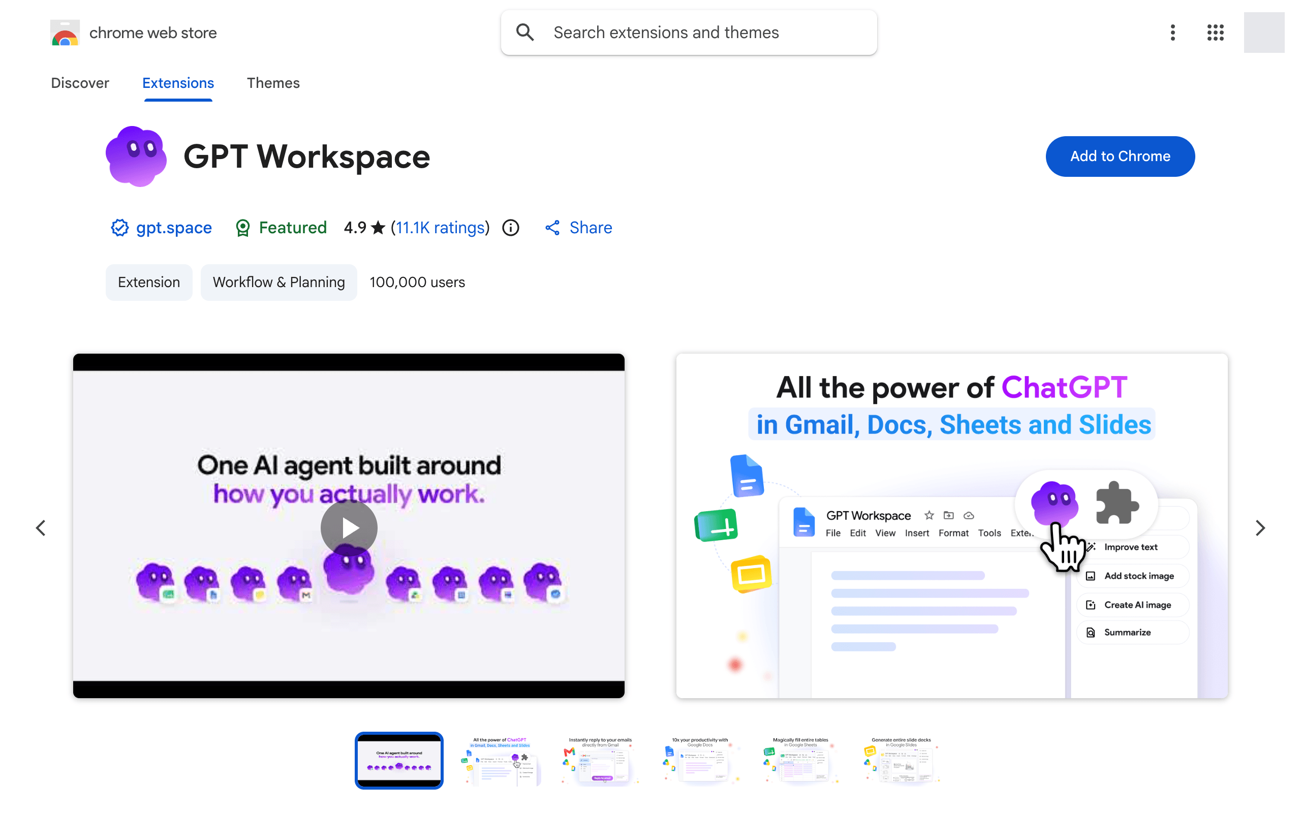 The GPT Workspace listing on the Chrome Web Store