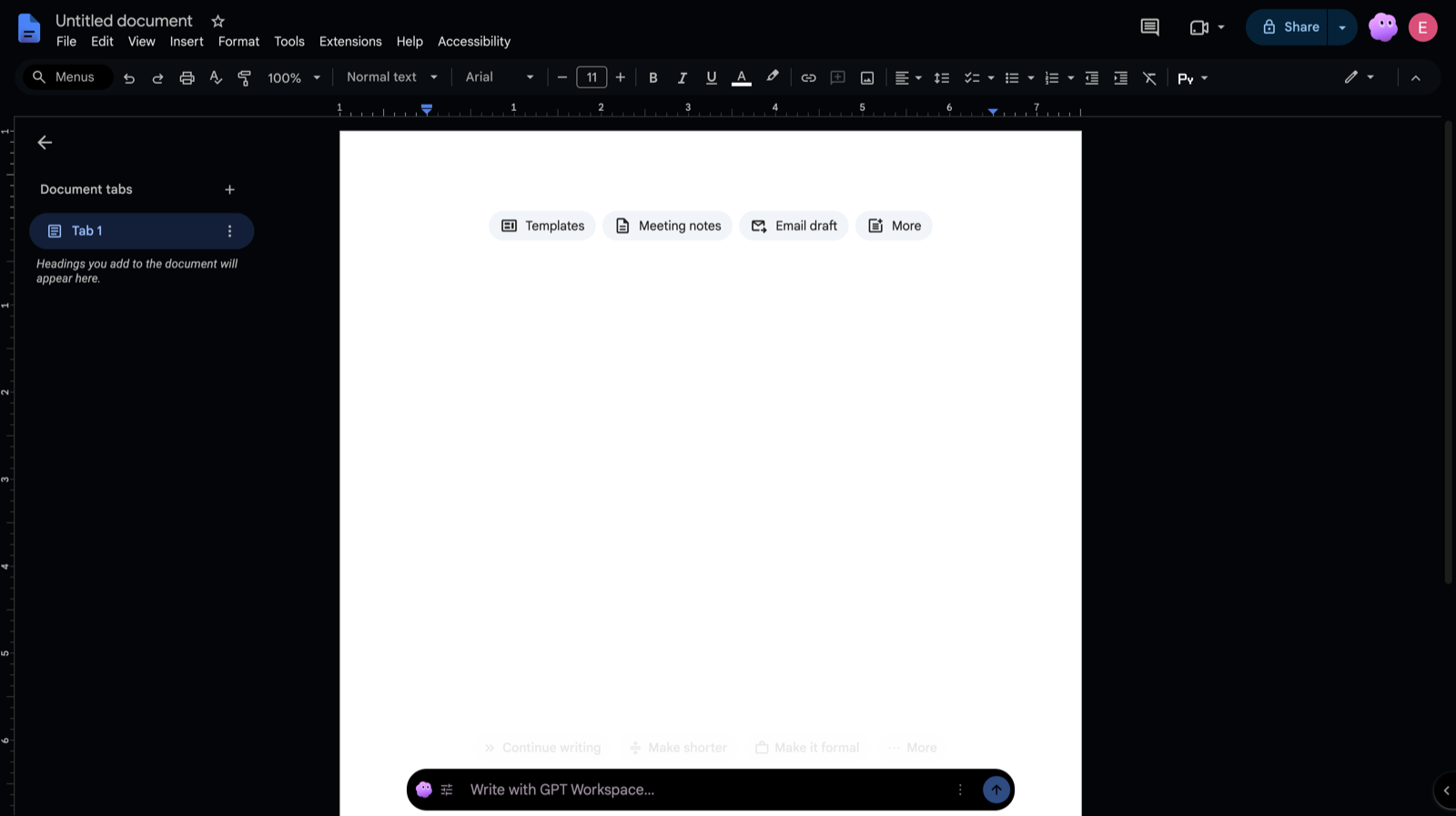 Google Docs with dark toolbars and the page left white