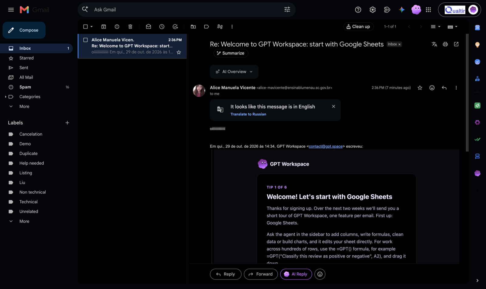 Gmail in Full dark: the interface and the email body are dark, logos keep their colours