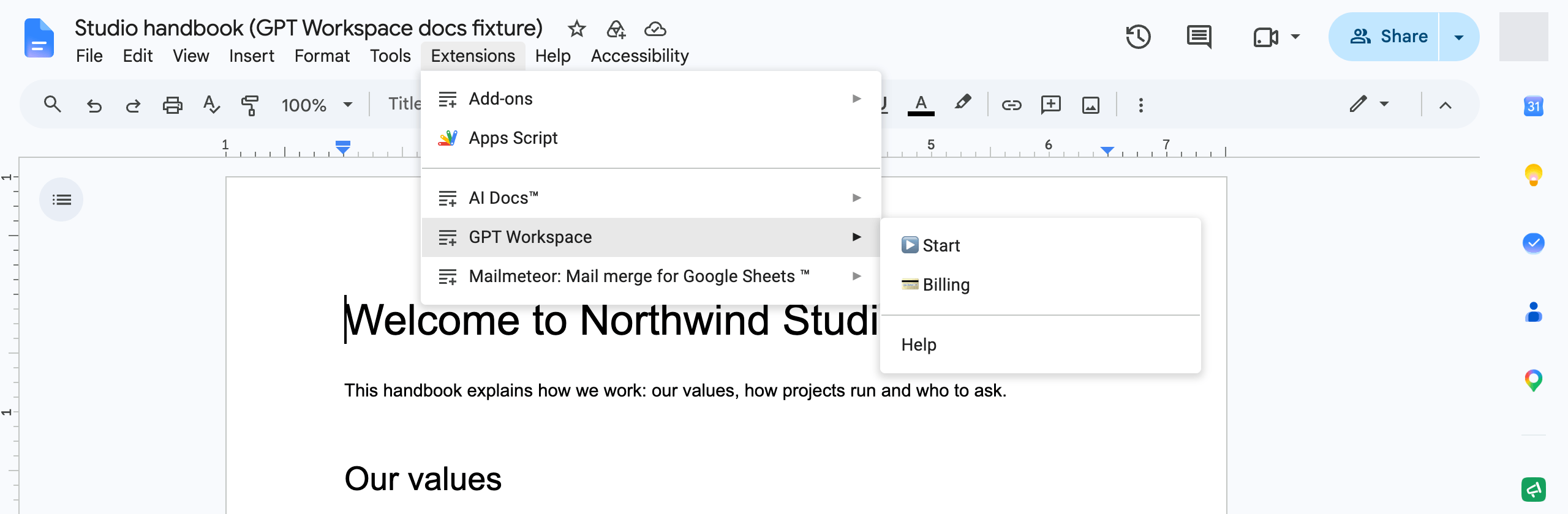 The Extensions menu with GPT Workspace and Start in Google Docs