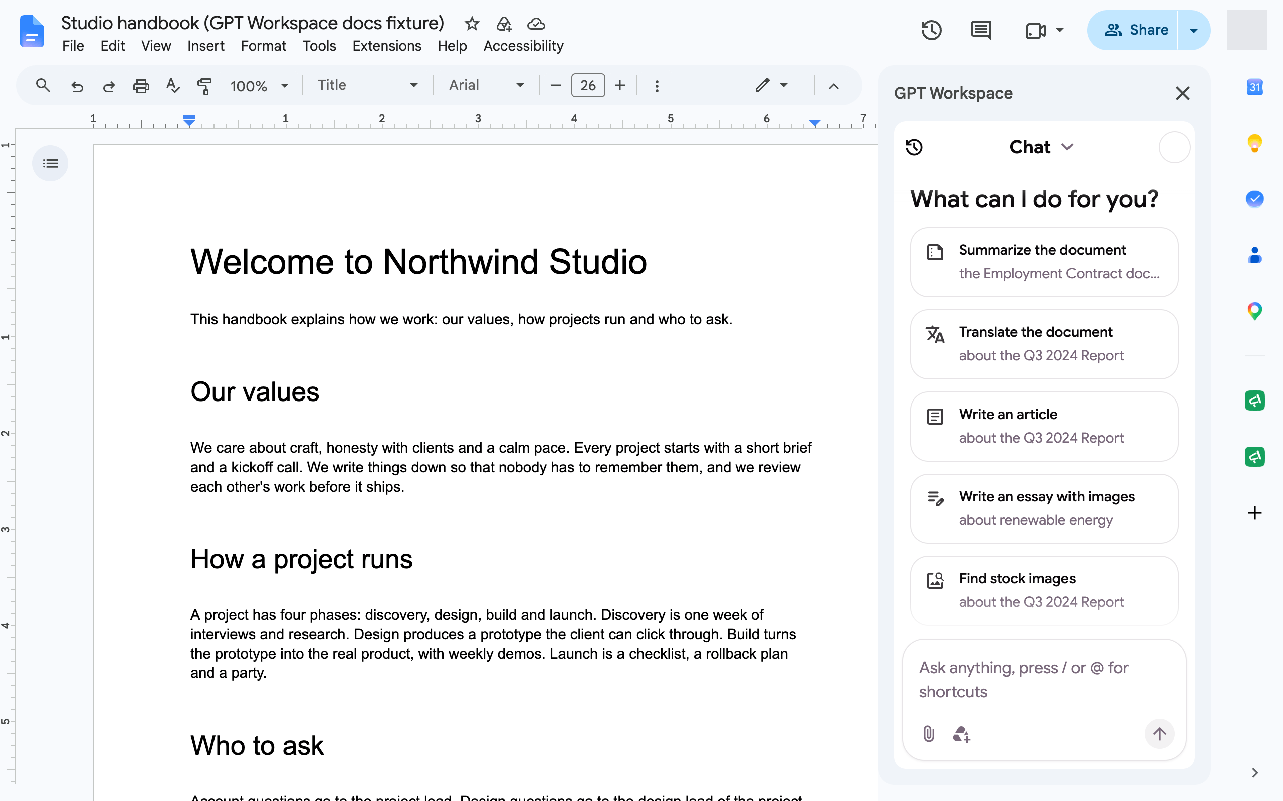 The GPT Workspace sidebar in Google Docs with the document starters