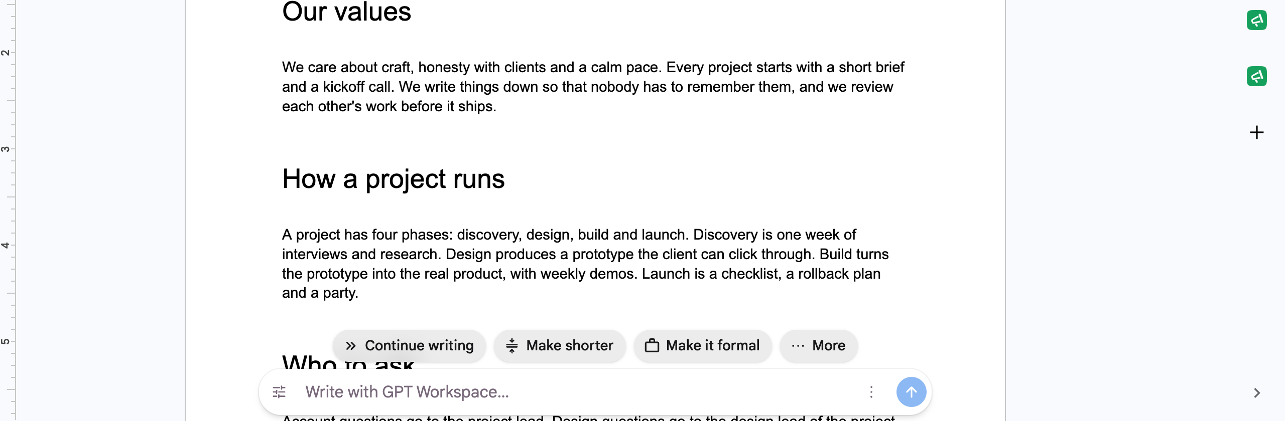 The AI bar at the bottom of a Google Doc