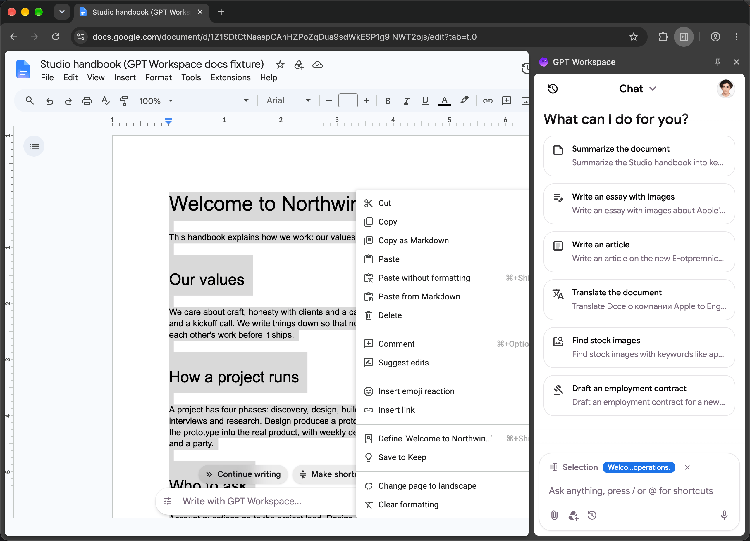 The right-click menu with Ask GPT Workspace about the selection