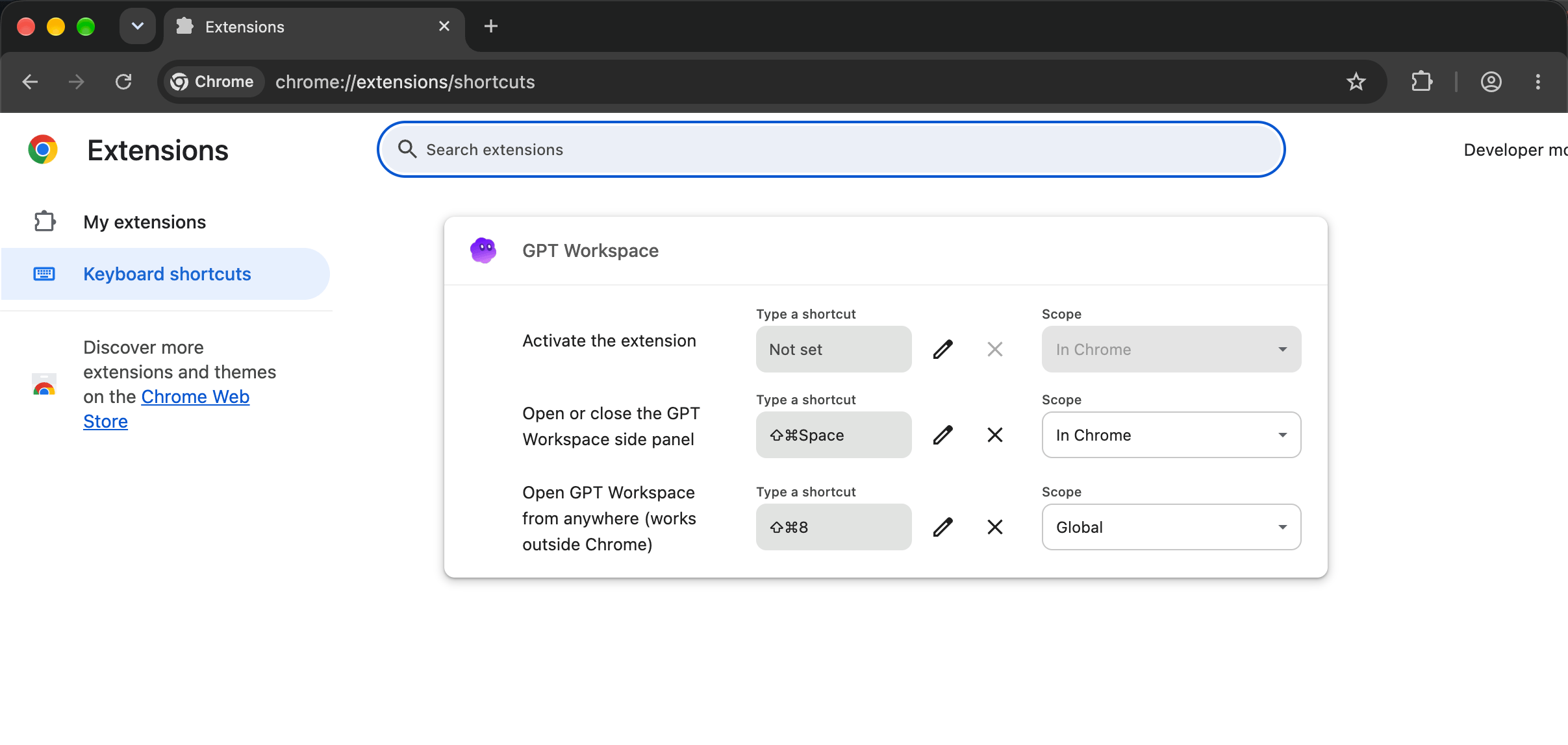 The GPT Workspace commands on Chrome’s keyboard shortcuts page