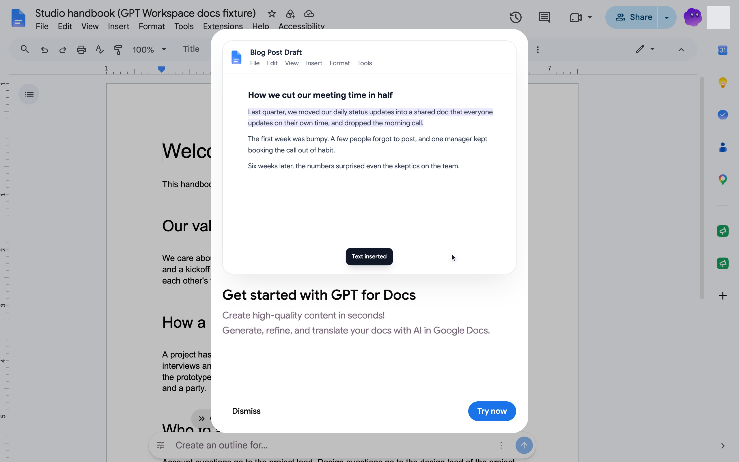 The onboarding popup shown once in Google Docs
