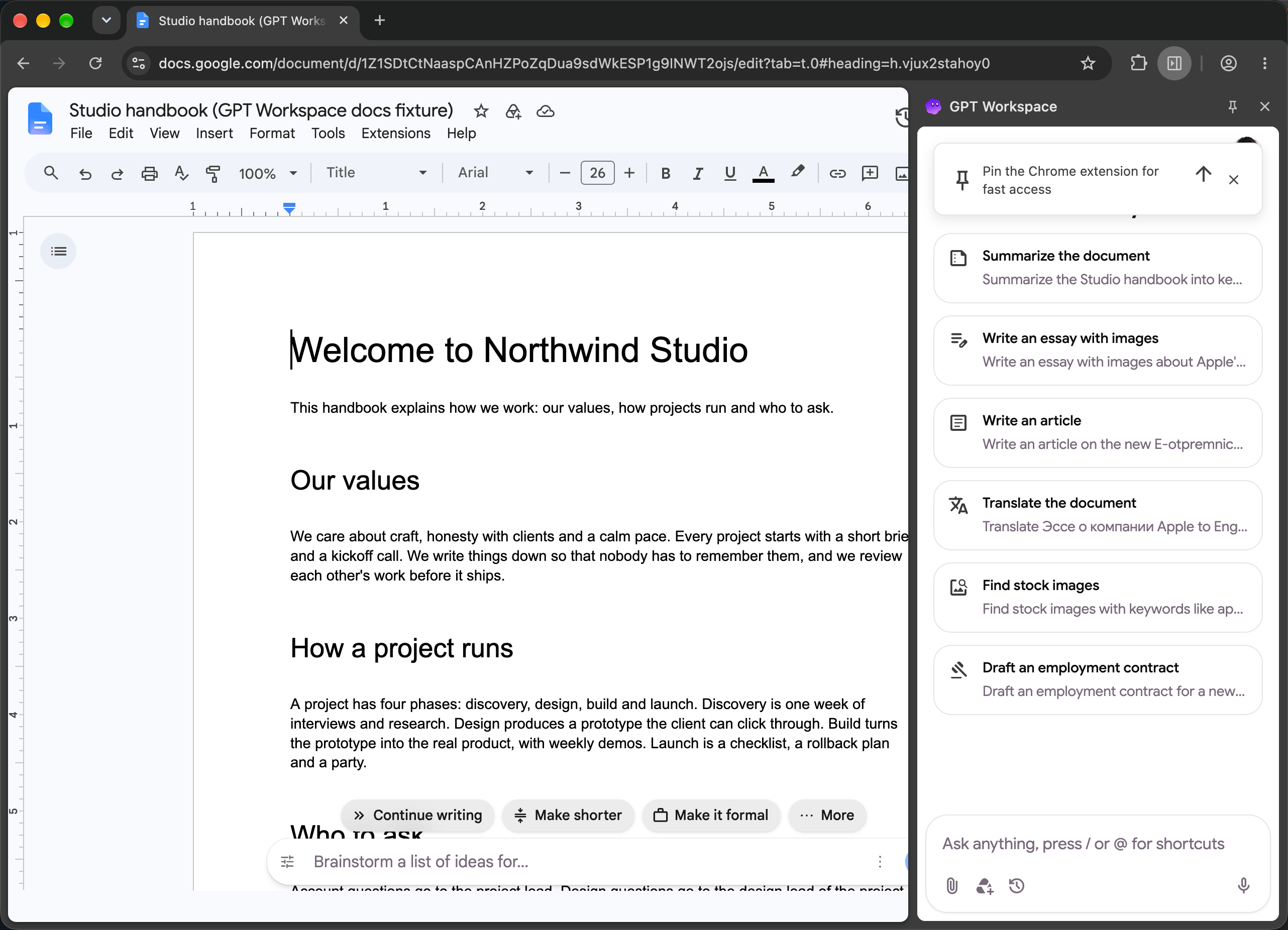 The side panel open next to a Google Doc