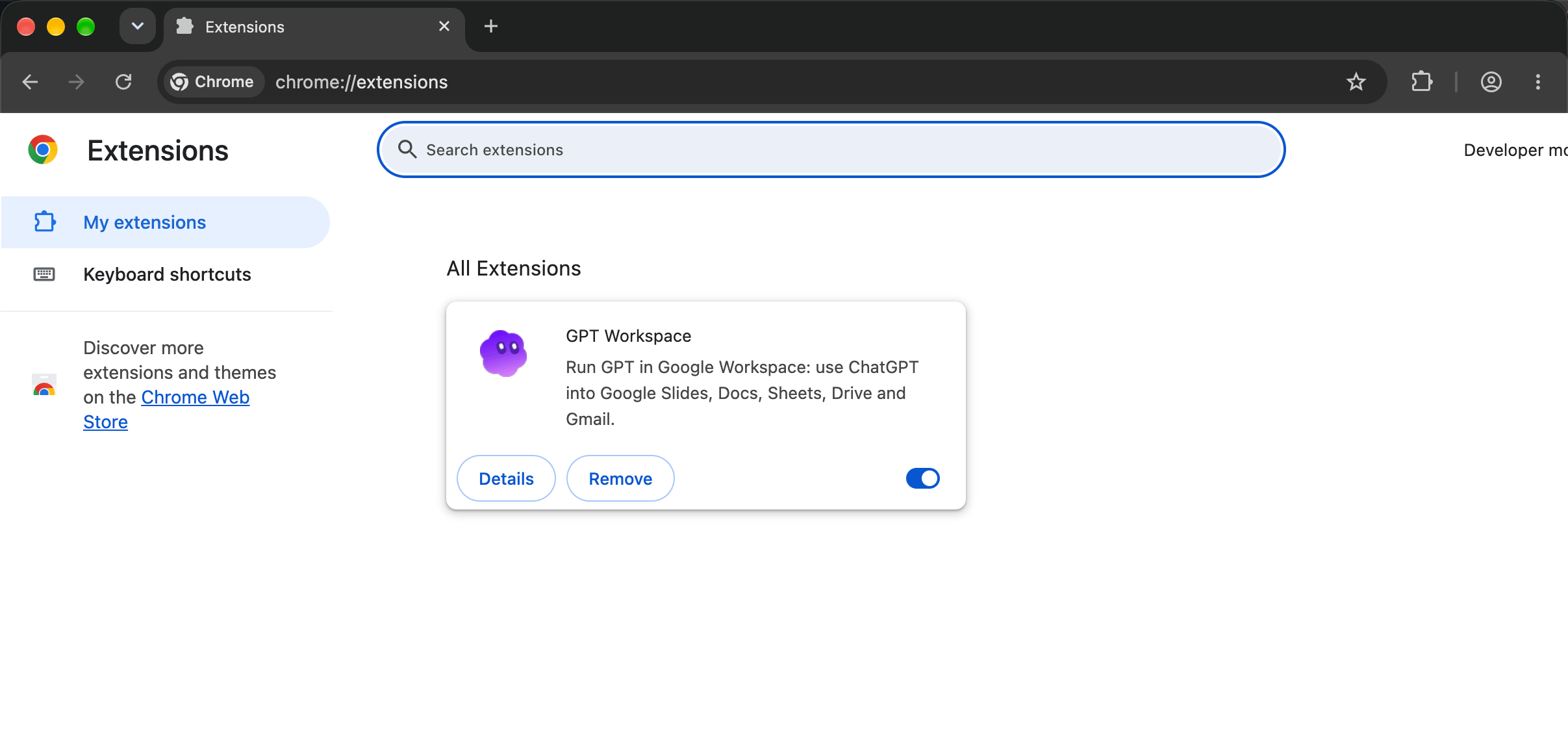 The GPT Workspace card on the Chrome extensions page with its Remove button