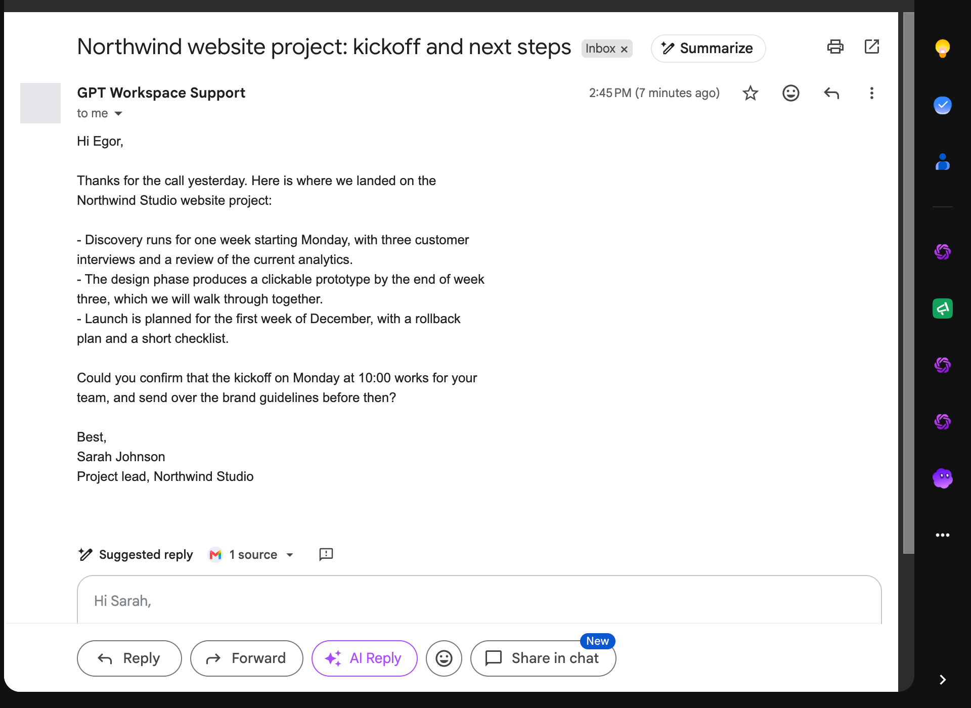 The Summarize and AI Reply buttons on a Gmail thread