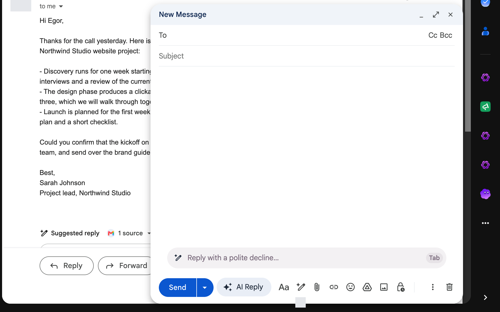 The write bar in a Gmail compose window