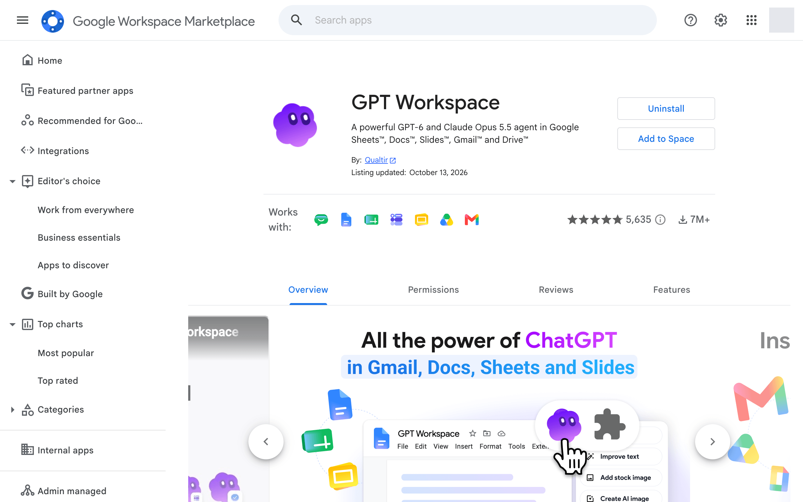 The Uninstall button of GPT Workspace on the Marketplace