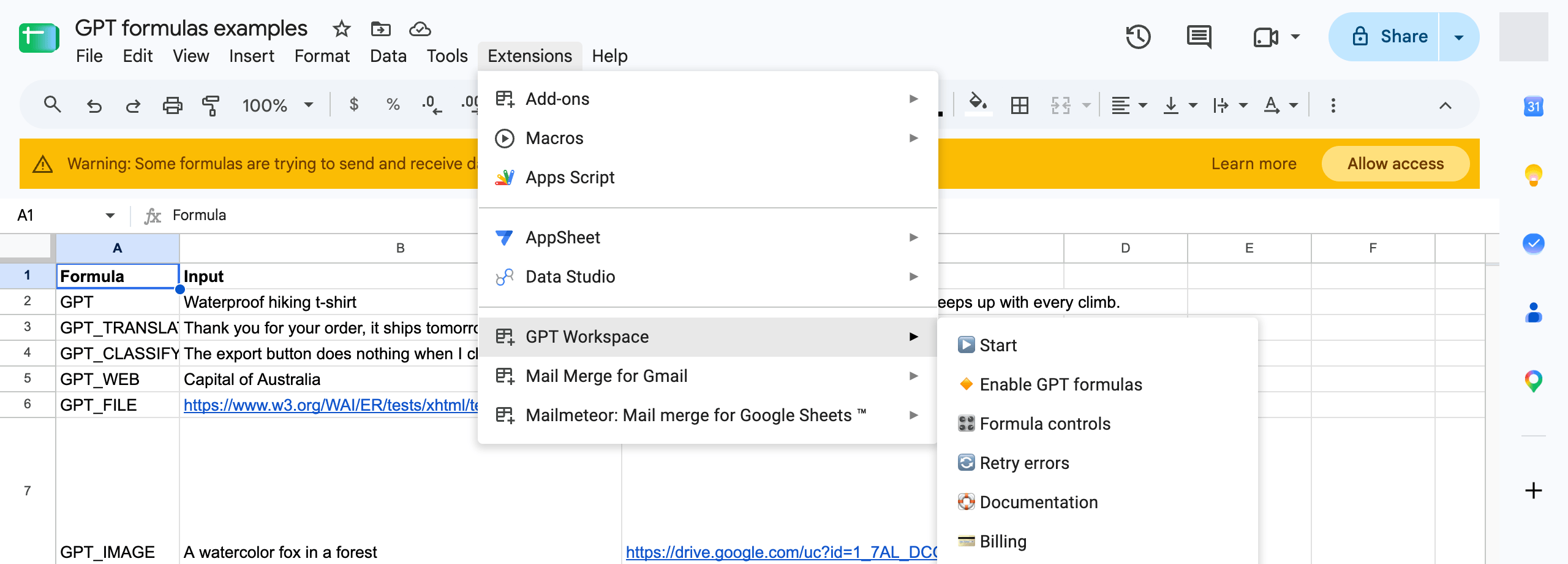 The GPT Workspace menu in Google Sheets