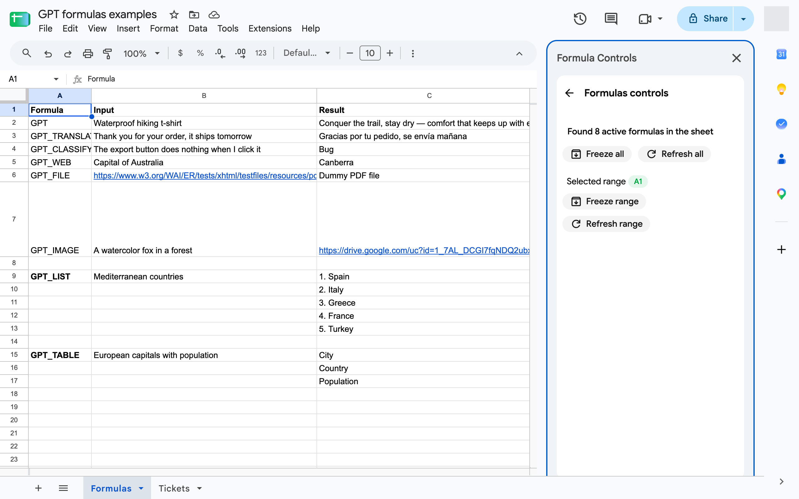 The Formula controls sidebar