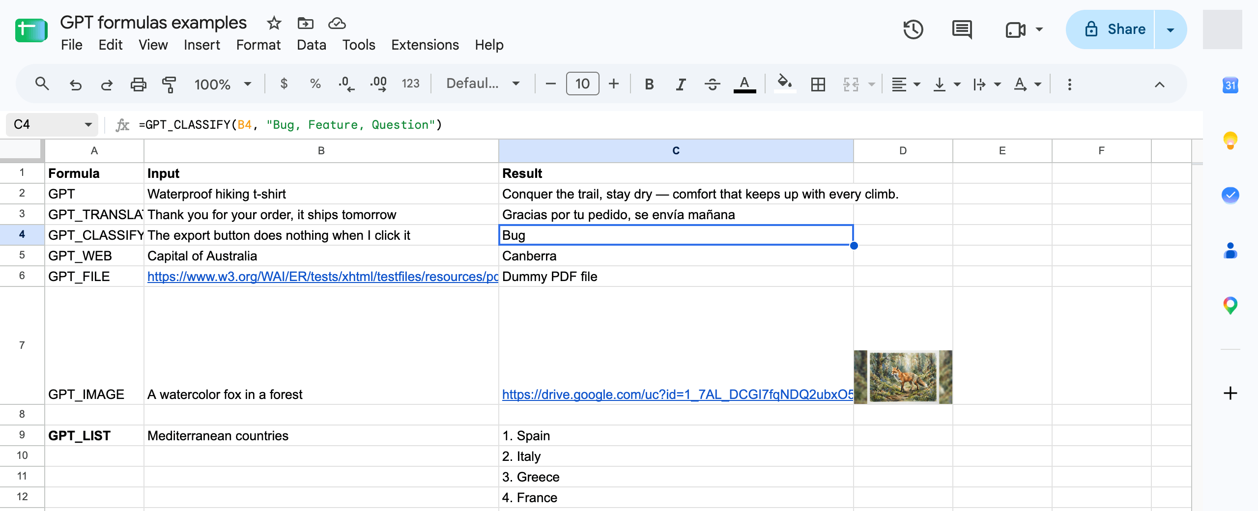 The GPT_CLASSIFY formula labelling support tickets