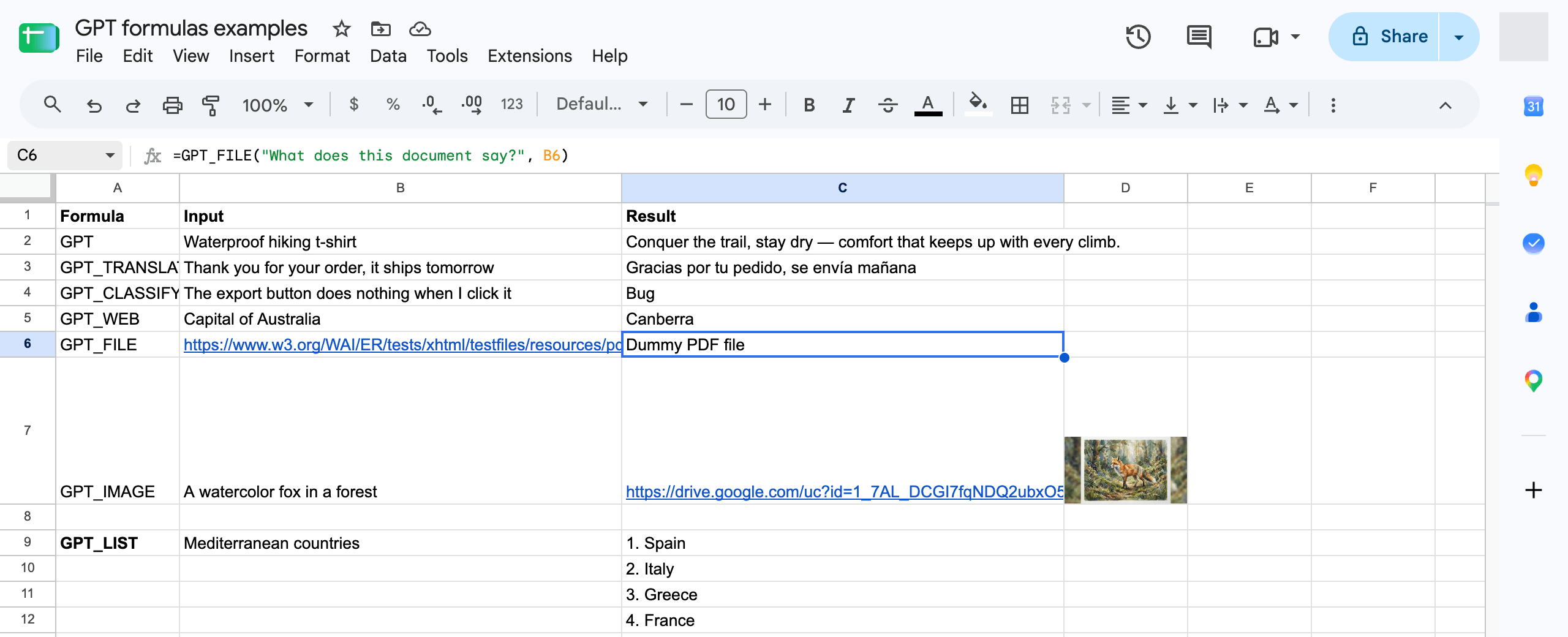 The GPT_FILE formula and its result in a sheet