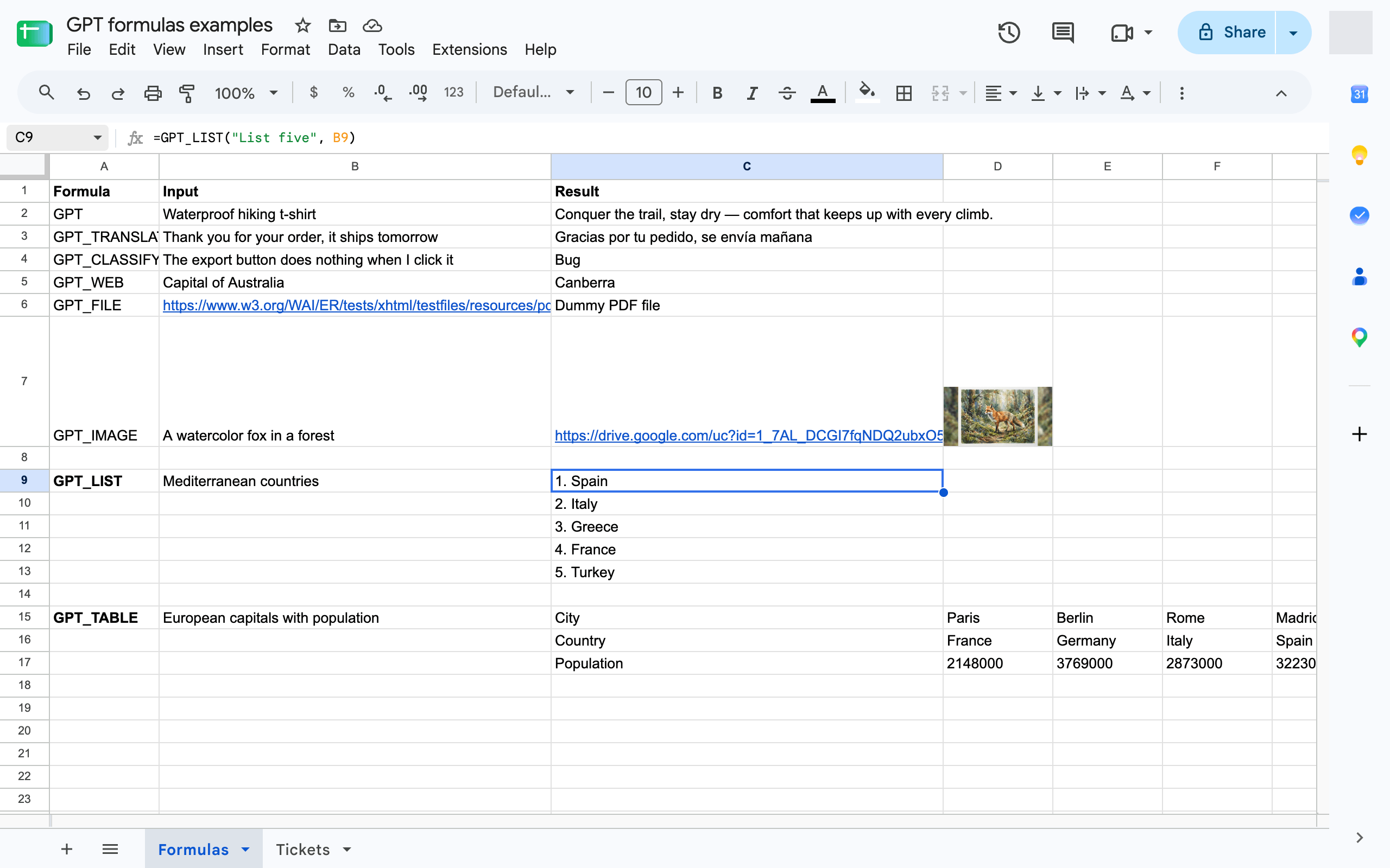 The GPT_LIST formula filling a column with generated items