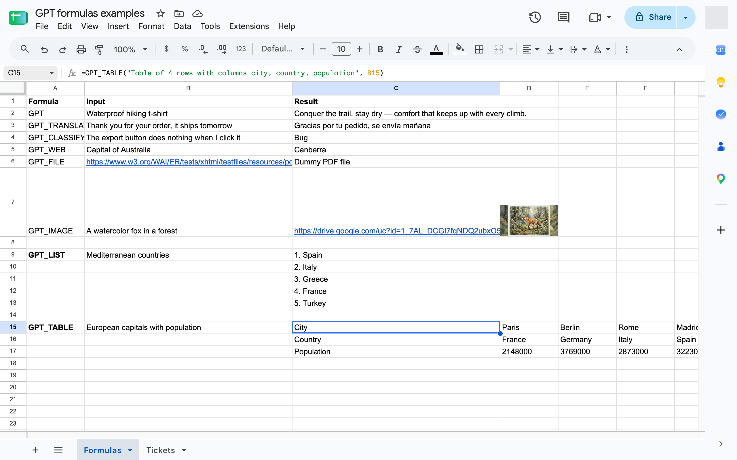 The GPT_TABLE formula generating a table of data