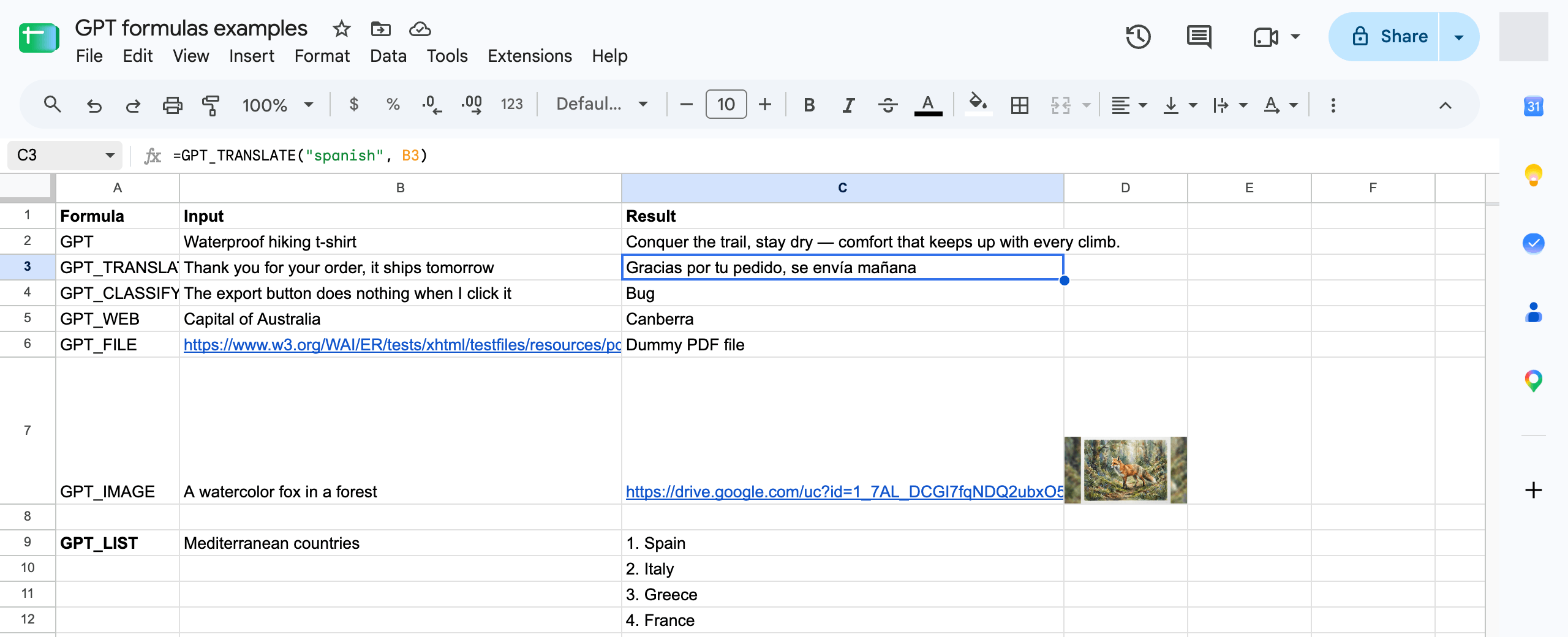 The GPT_TRANSLATE formula translating a column