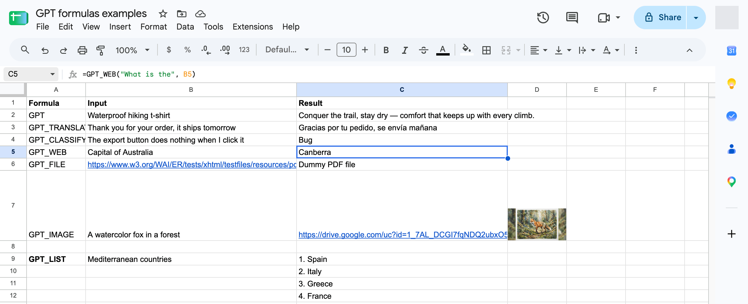 The GPT_WEB formula fetching live data in a sheet