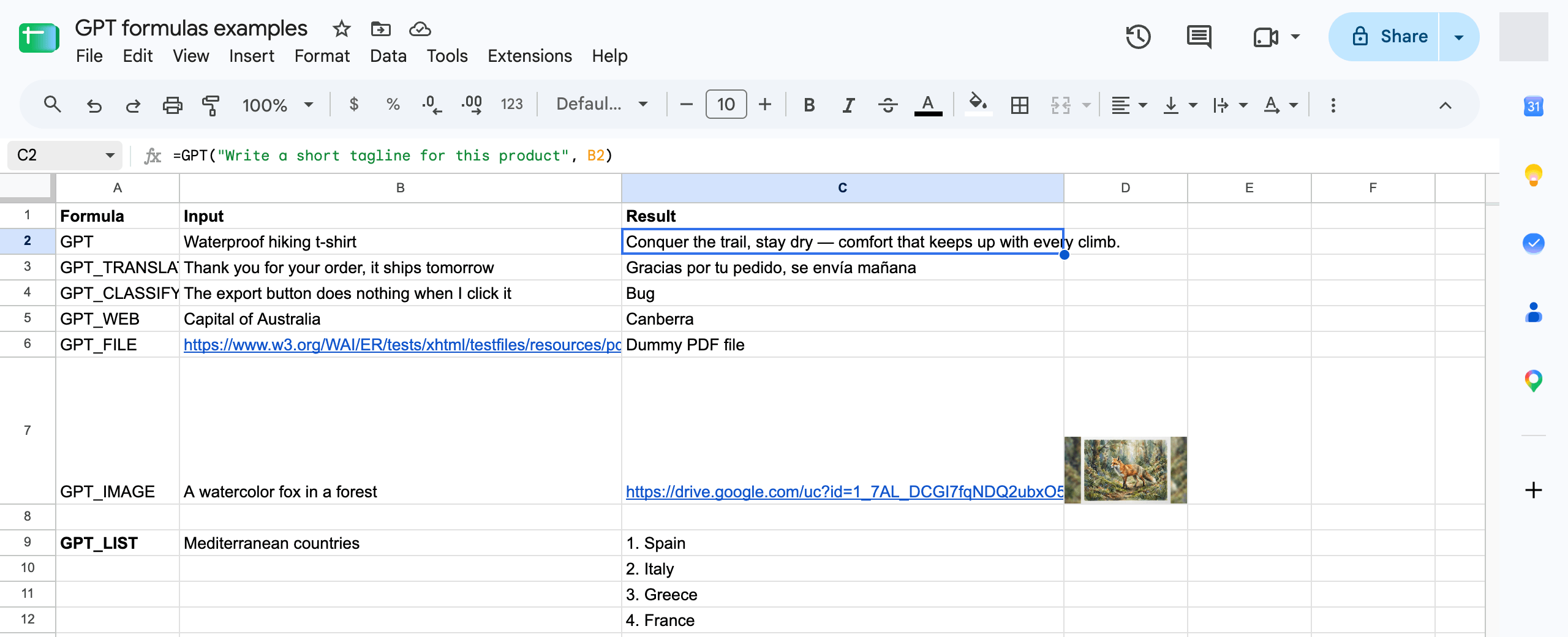 The GPT formula generating ad copy in a sheet