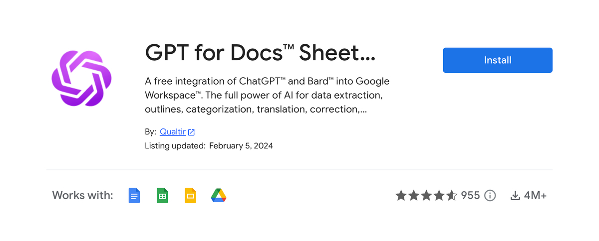 <a href="https://workspace.google.com/marketplace/app/gpt_for_docs_sheets_slides/451400884190"><strong>Google Workspace Marketplace</strong></a>